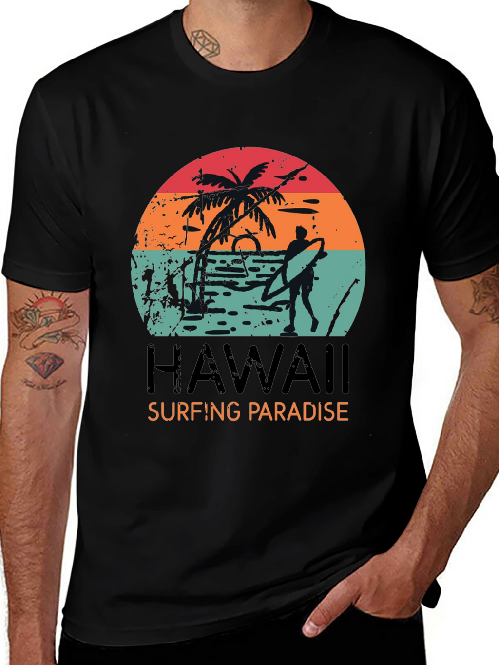 Hawaii Surfing Paradise Graphic Tee - Black Cotton T-Shirt