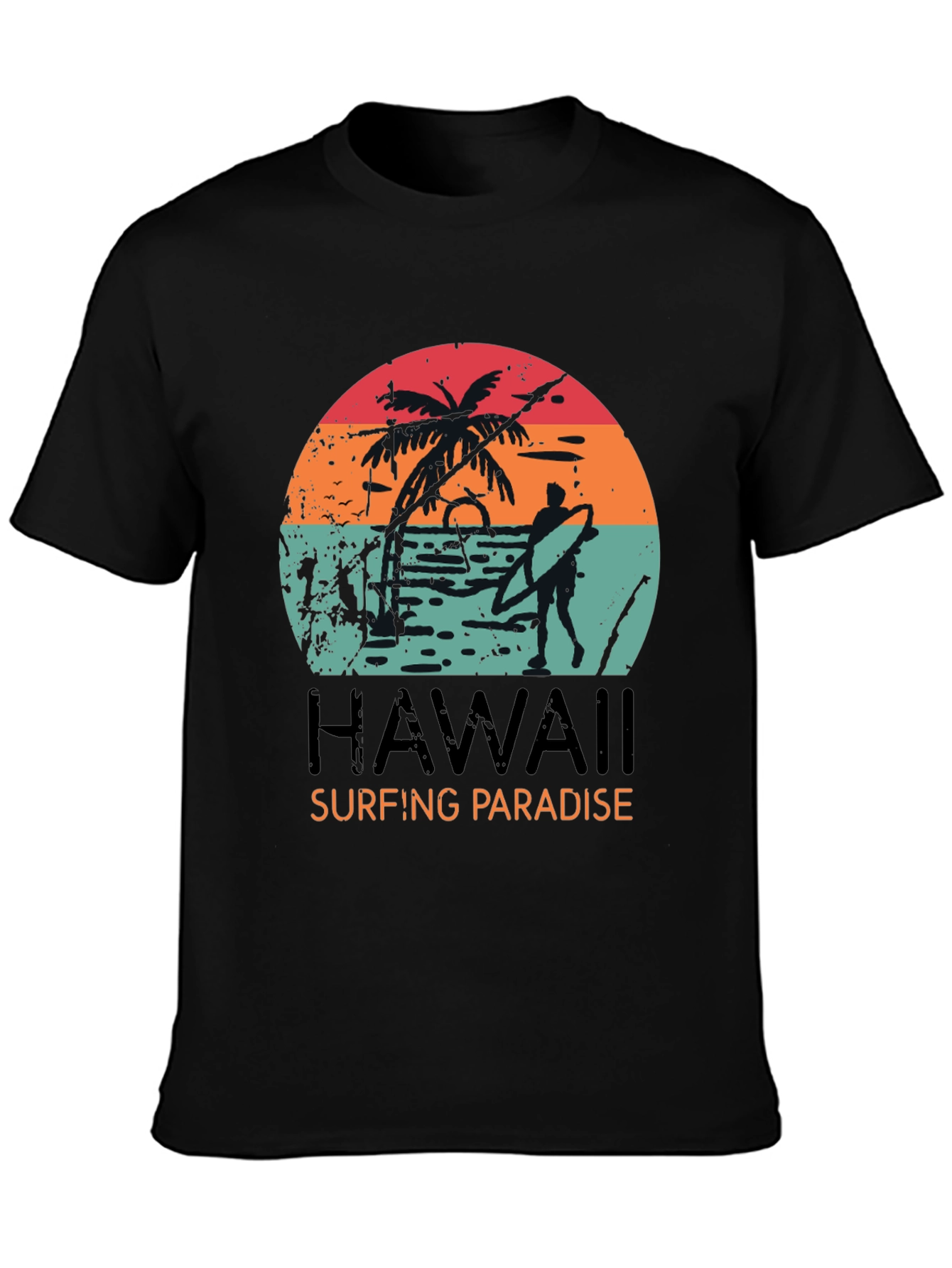 Hawaii Surfing Paradise Graphic Tee - Black Cotton T-Shirt