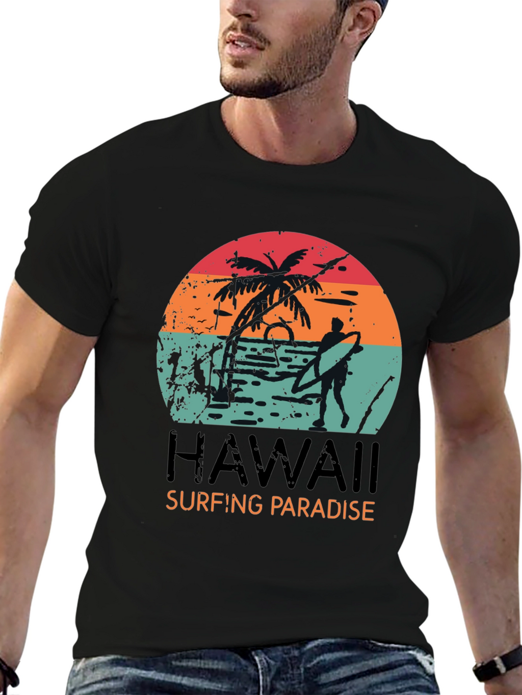 Hawaii Surfing Paradise Graphic Tee - Black Cotton T-Shirt