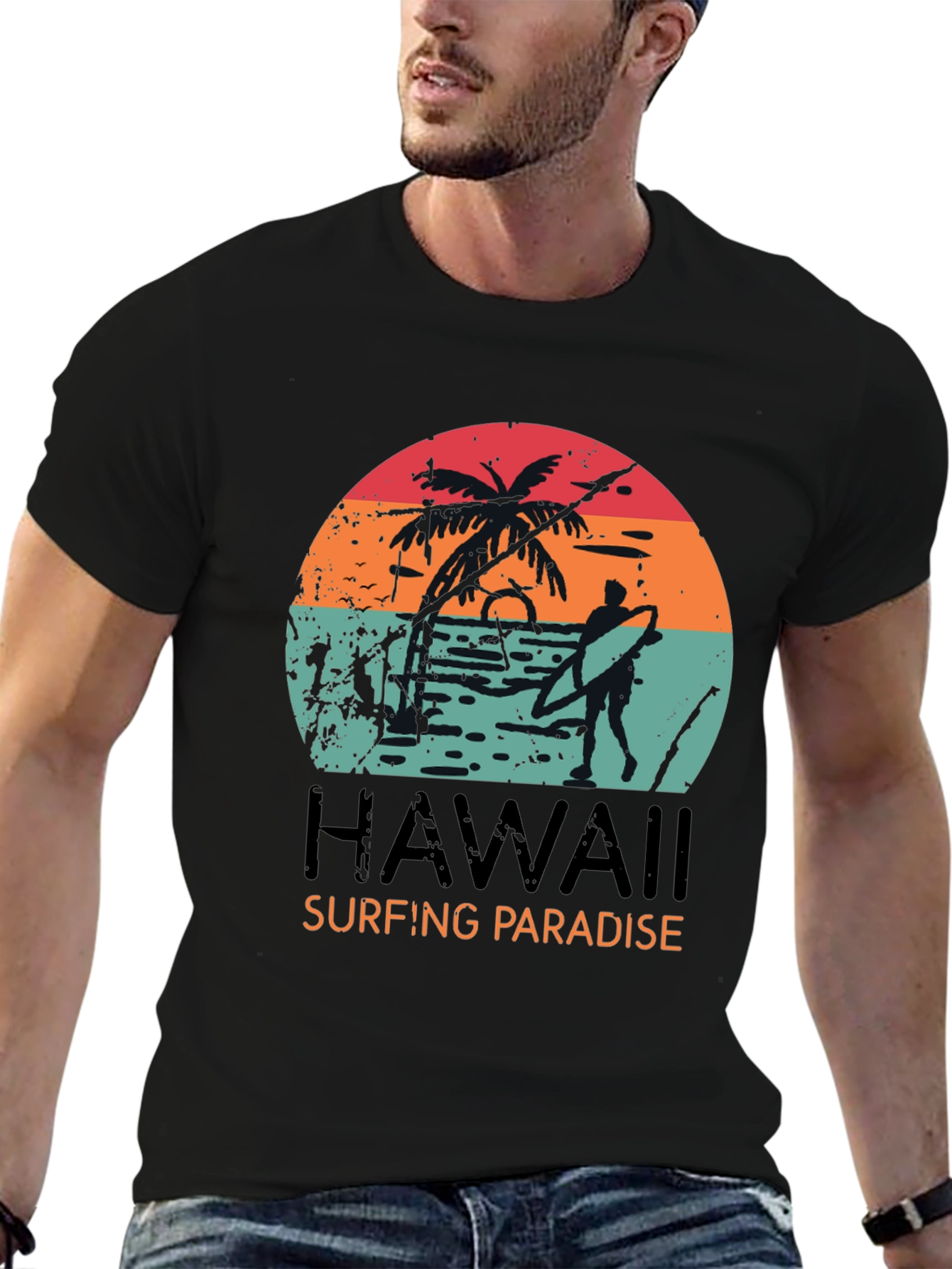 Hawaii Surfing Paradise Graphic Tee - Black Cotton T-Shirt