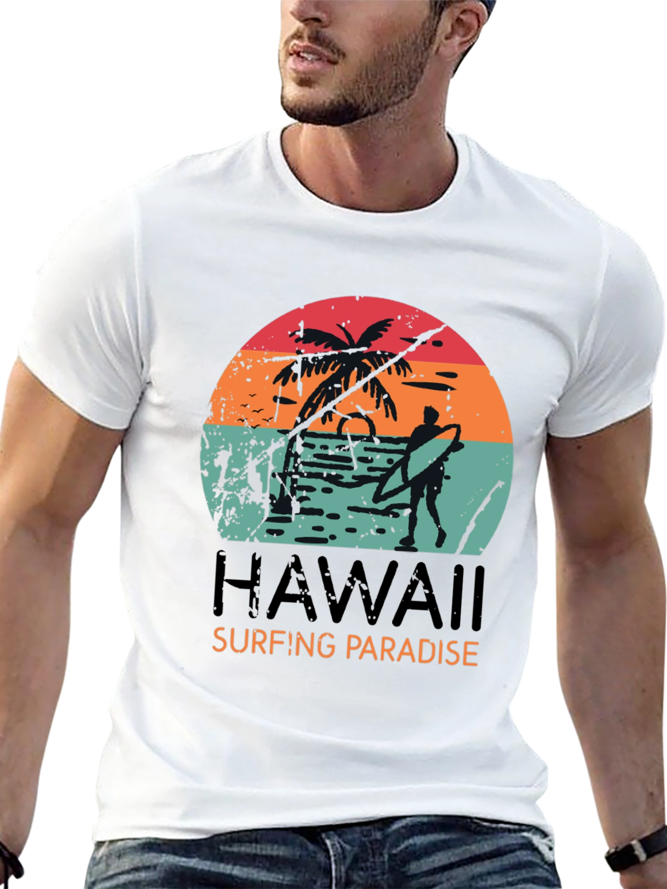 Hawaii Surfing Paradise Graphic Tee - Black Cotton T-Shirt