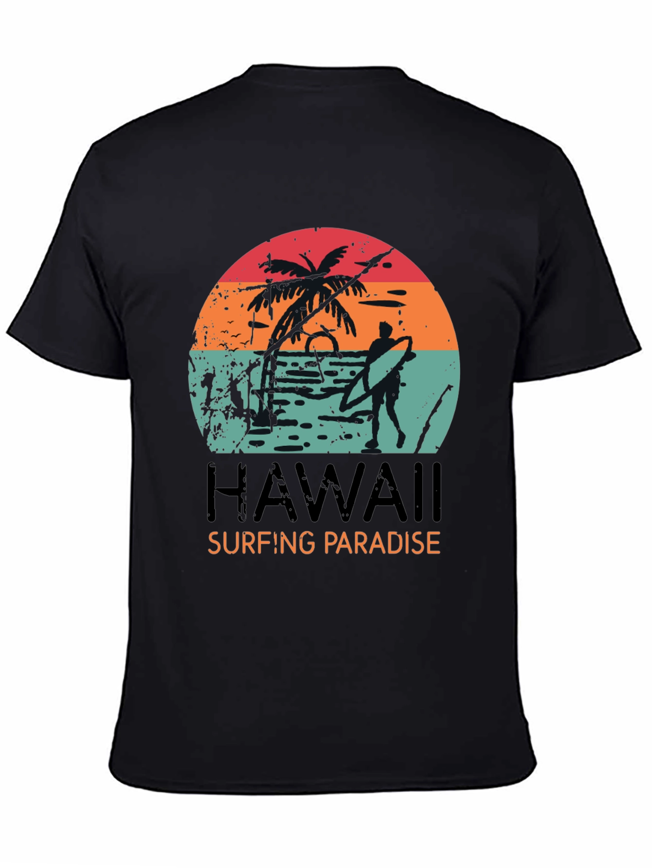 Hawaii Surfing Paradise Graphic Tee - Black Cotton T-Shirt