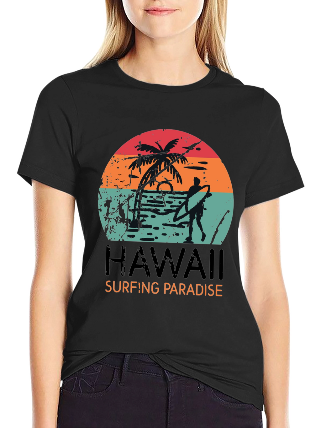 Hawaii Surfing Paradise Graphic Tee - Black Cotton T-Shirt