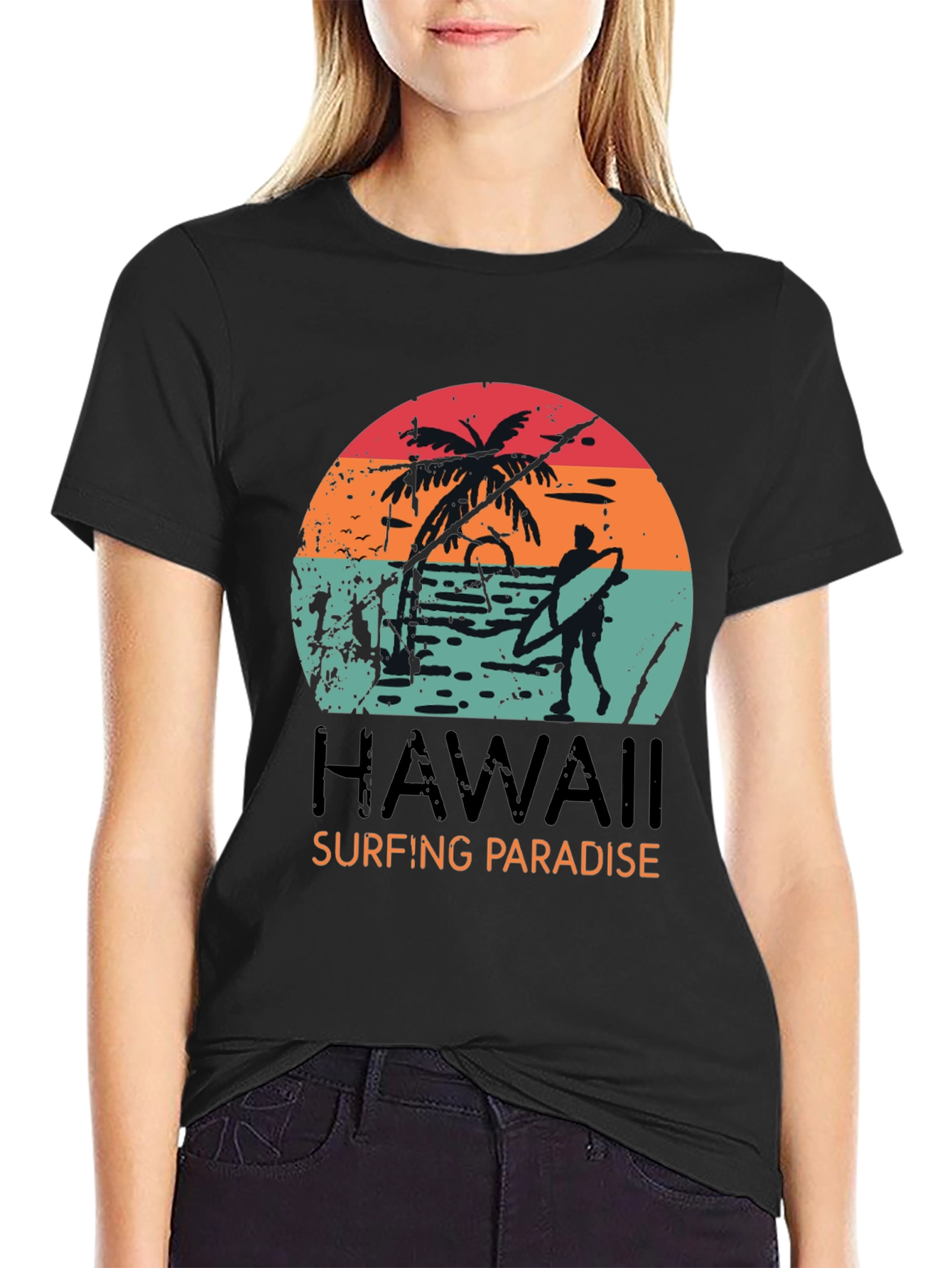 Hawaii Surfing Paradise Graphic Tee - Black Cotton T-Shirt