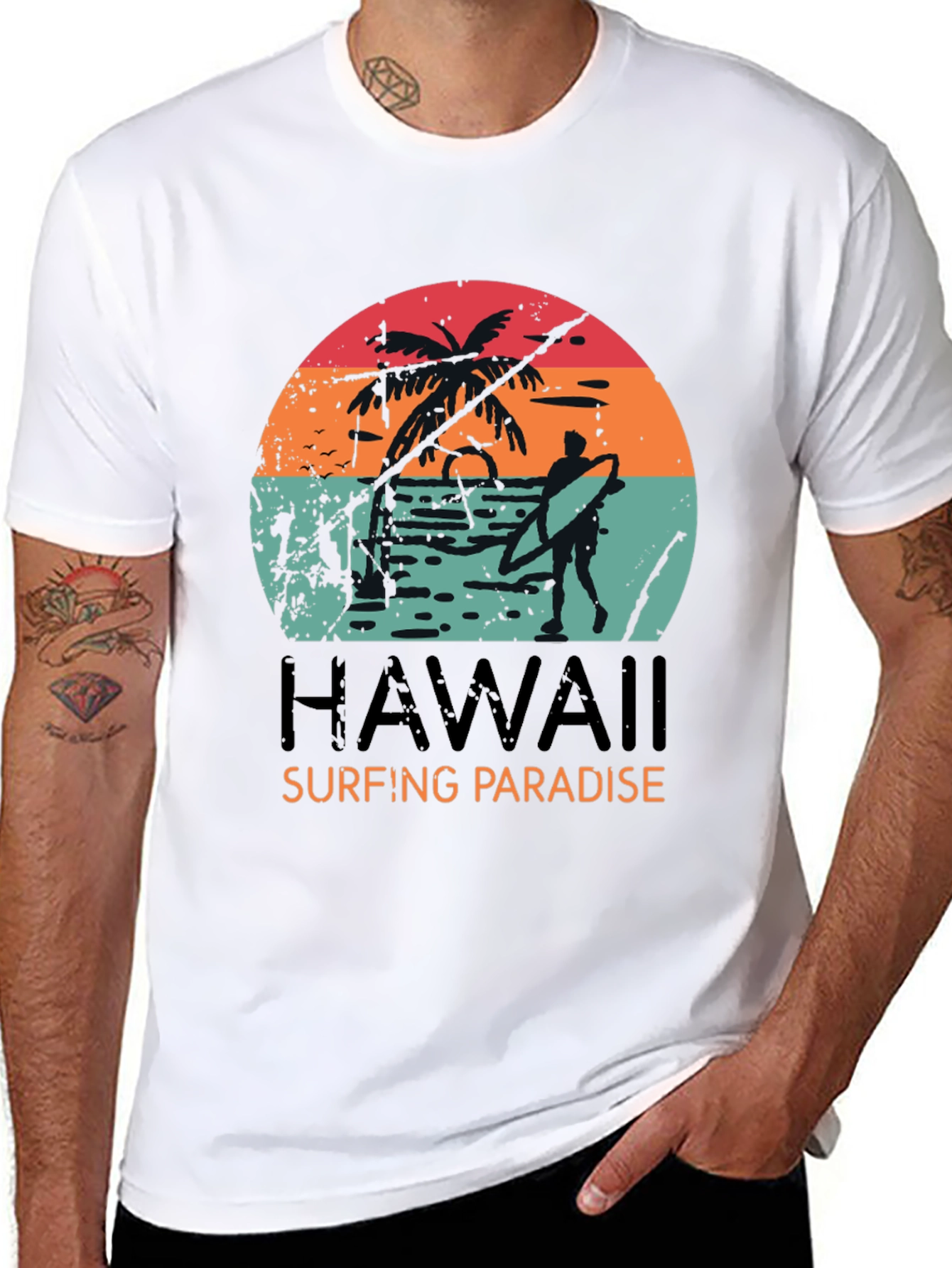 Hawaii Surfing Paradise Graphic Tee - Black Cotton T-Shirt