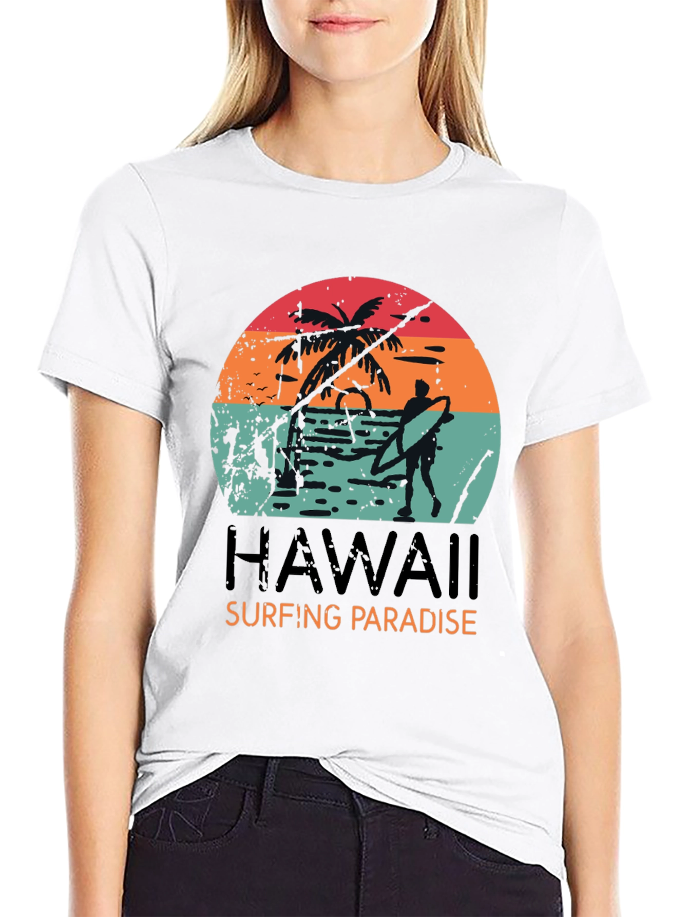 Hawaii Surfing Paradise Graphic Tee - Black Cotton T-Shirt