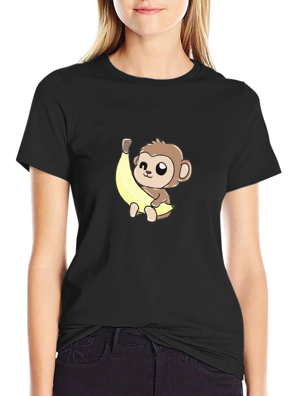 Cute Monkey Banana Graphic Tee - Unisex Black T-Shirt