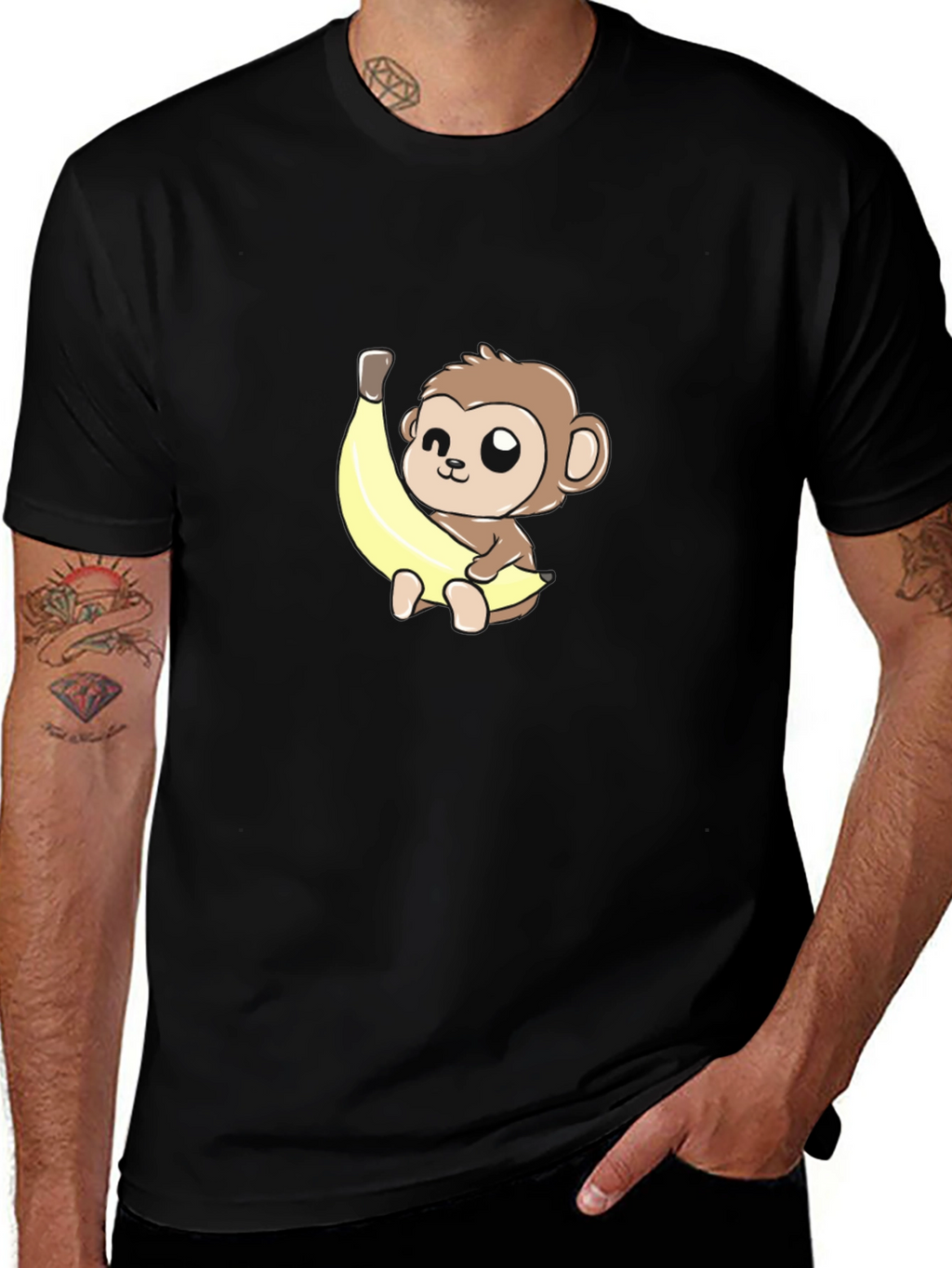 Cute Monkey Banana Graphic Tee - Unisex Black T-Shirt