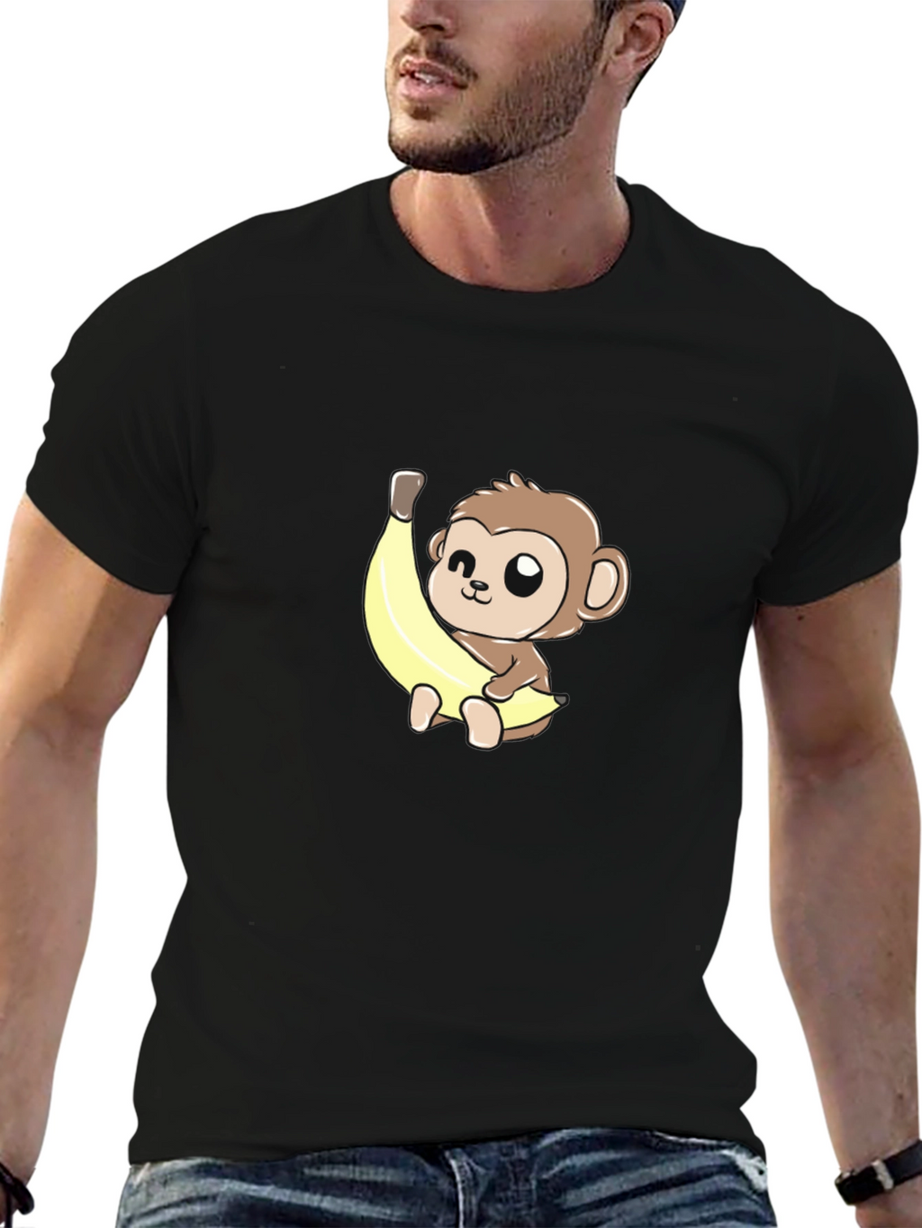 Cute Monkey Banana Graphic Tee - Unisex Black T-Shirt