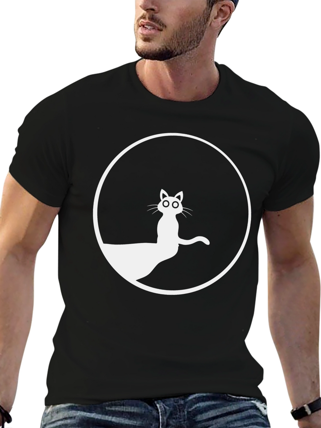 Black T-Shirt with Cat Circle Graphic