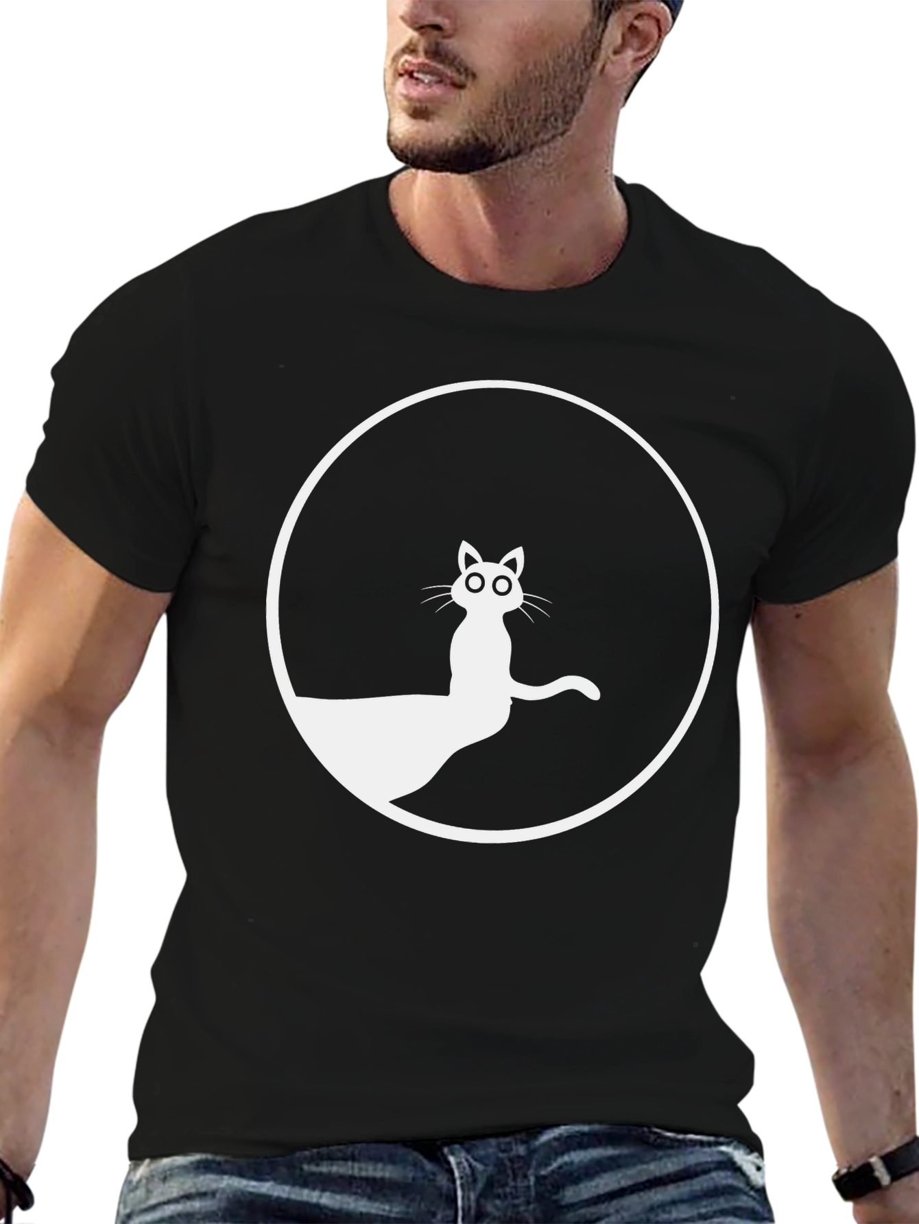 Black T-Shirt with Cat Circle Graphic