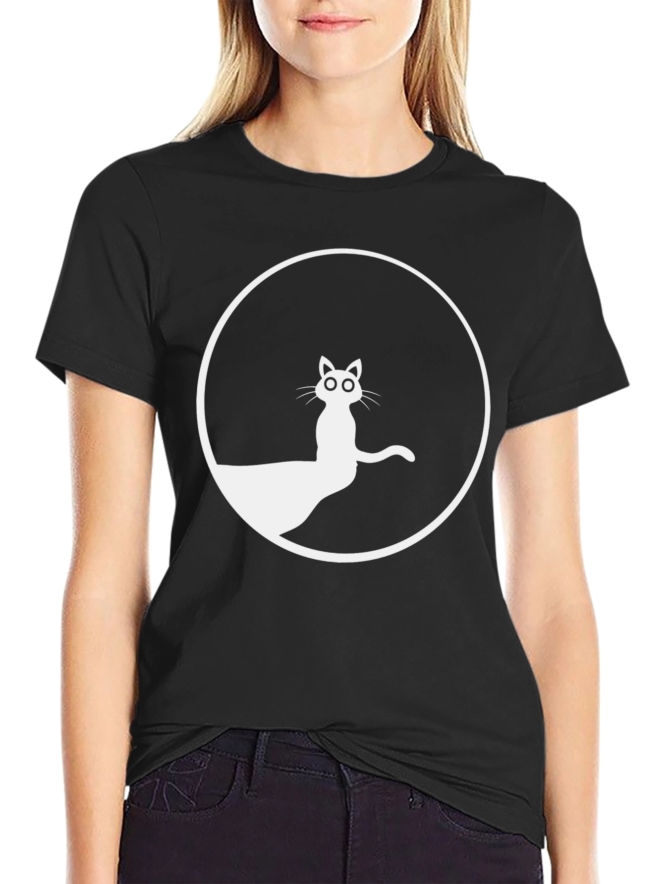 Black T-Shirt with Cat Circle Graphic