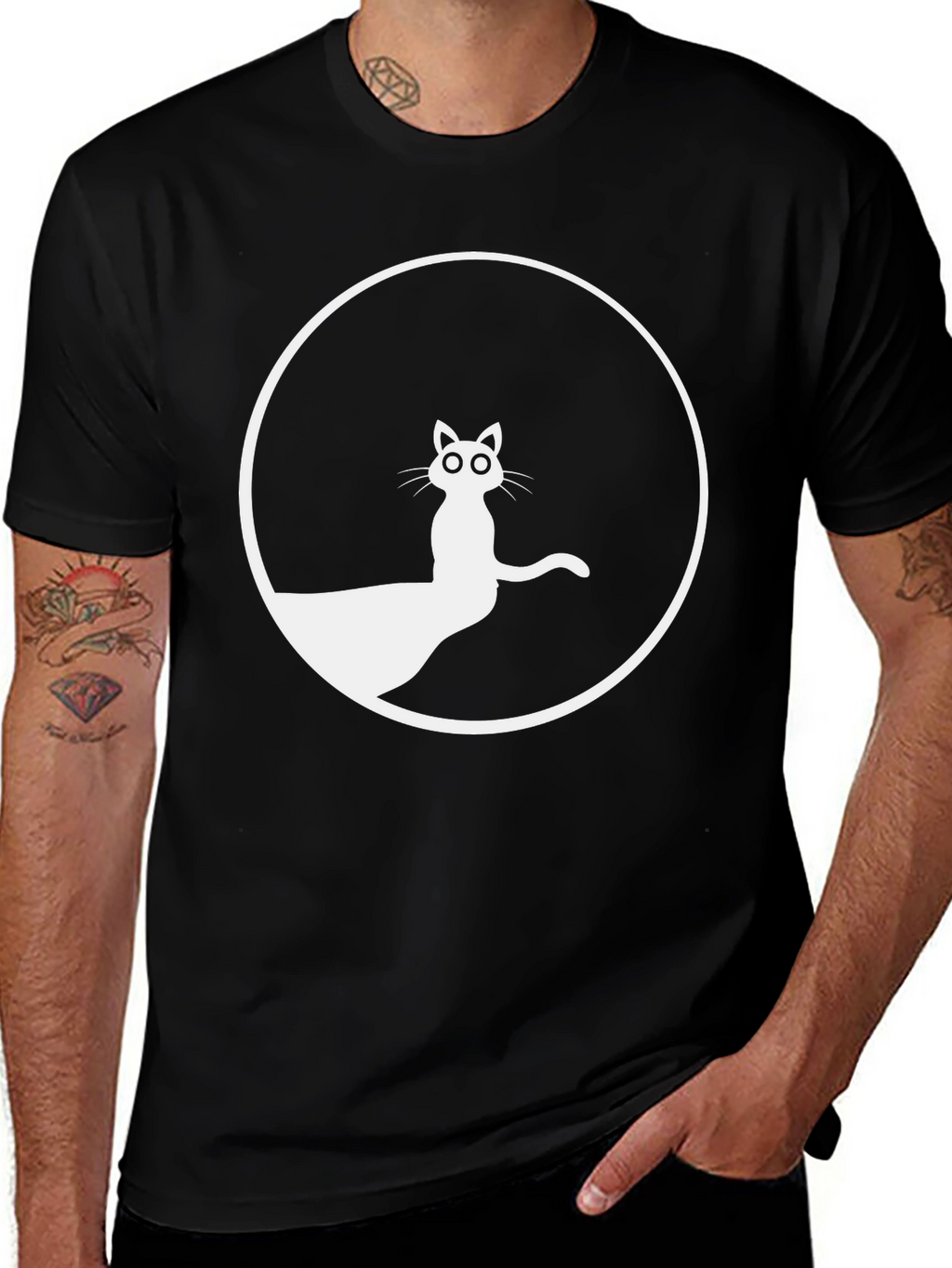 Black T-Shirt with Cat Circle Graphic
