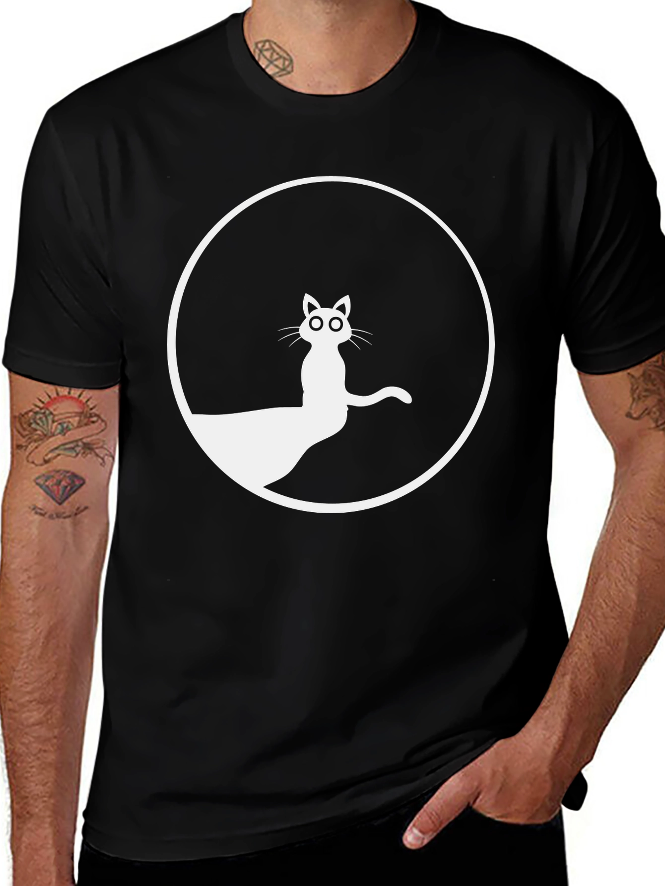 Black T-Shirt with Cat Circle Graphic