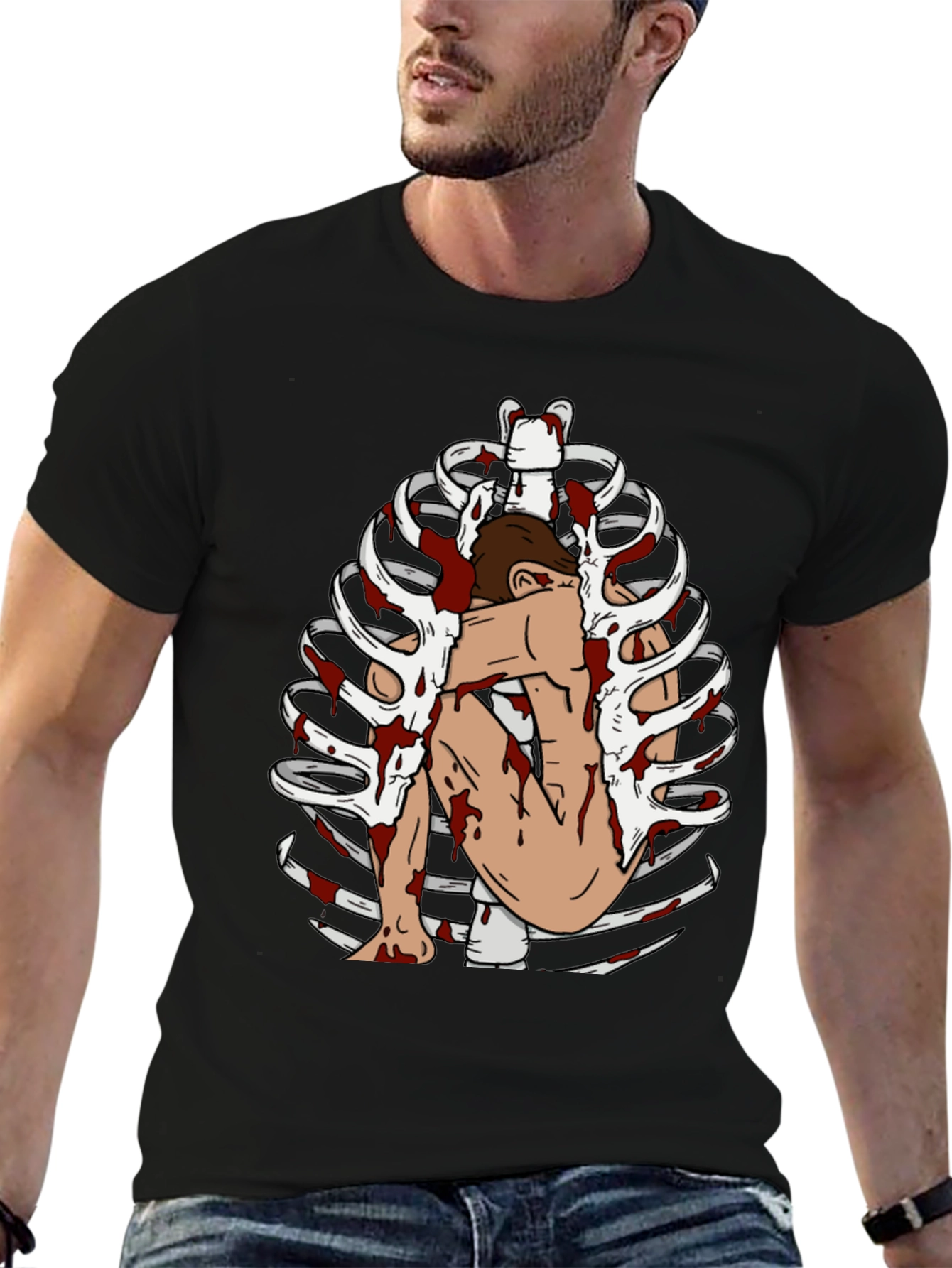 Bloody Rib Cage Graphic Tee - Edgy Unique Design