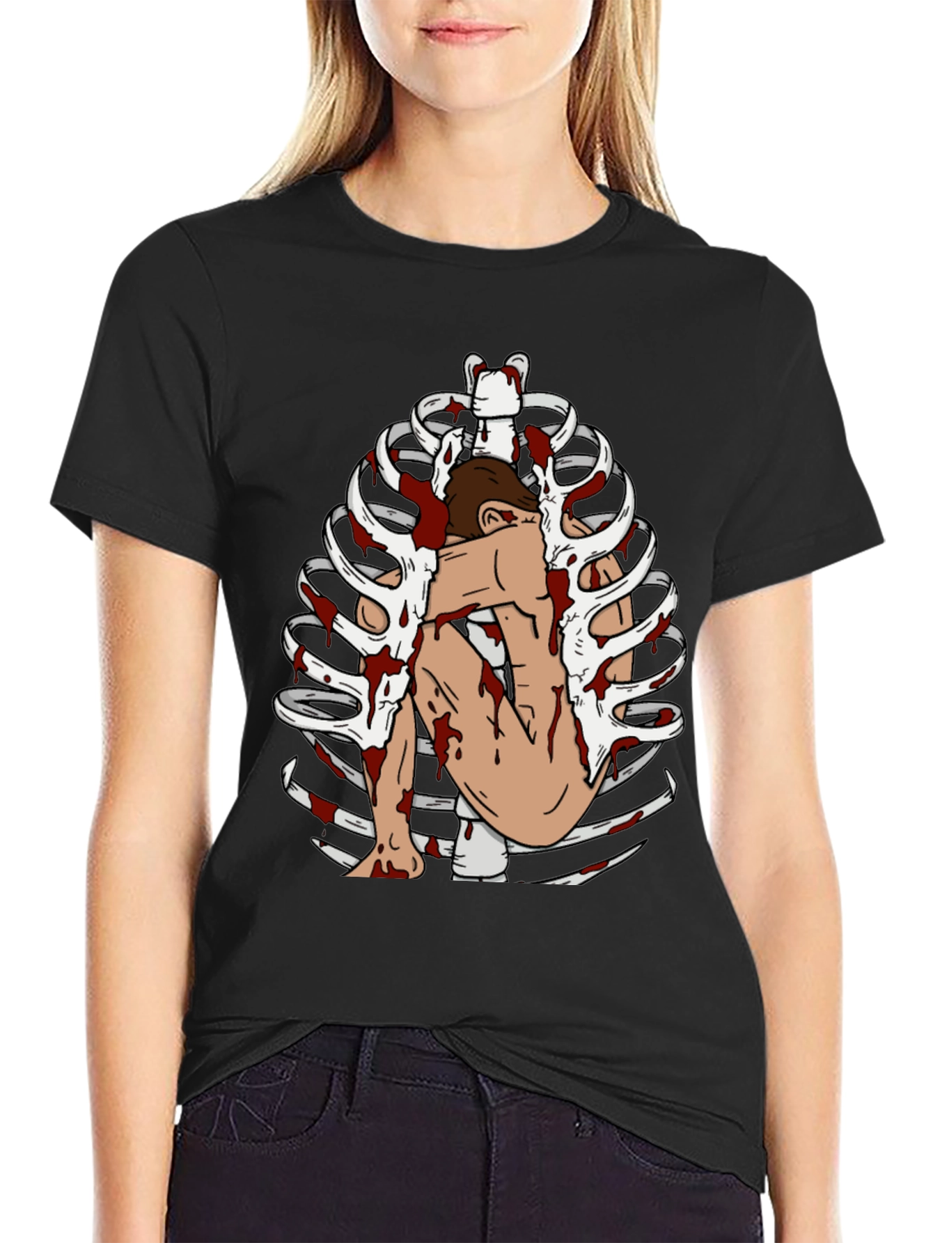 Bloody Rib Cage Graphic Tee - Edgy Unique Design
