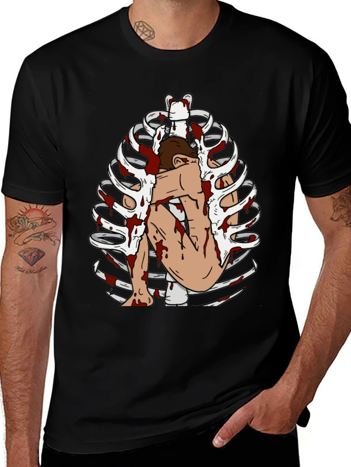 Bloody Rib Cage Graphic Tee - Edgy Unique Design
