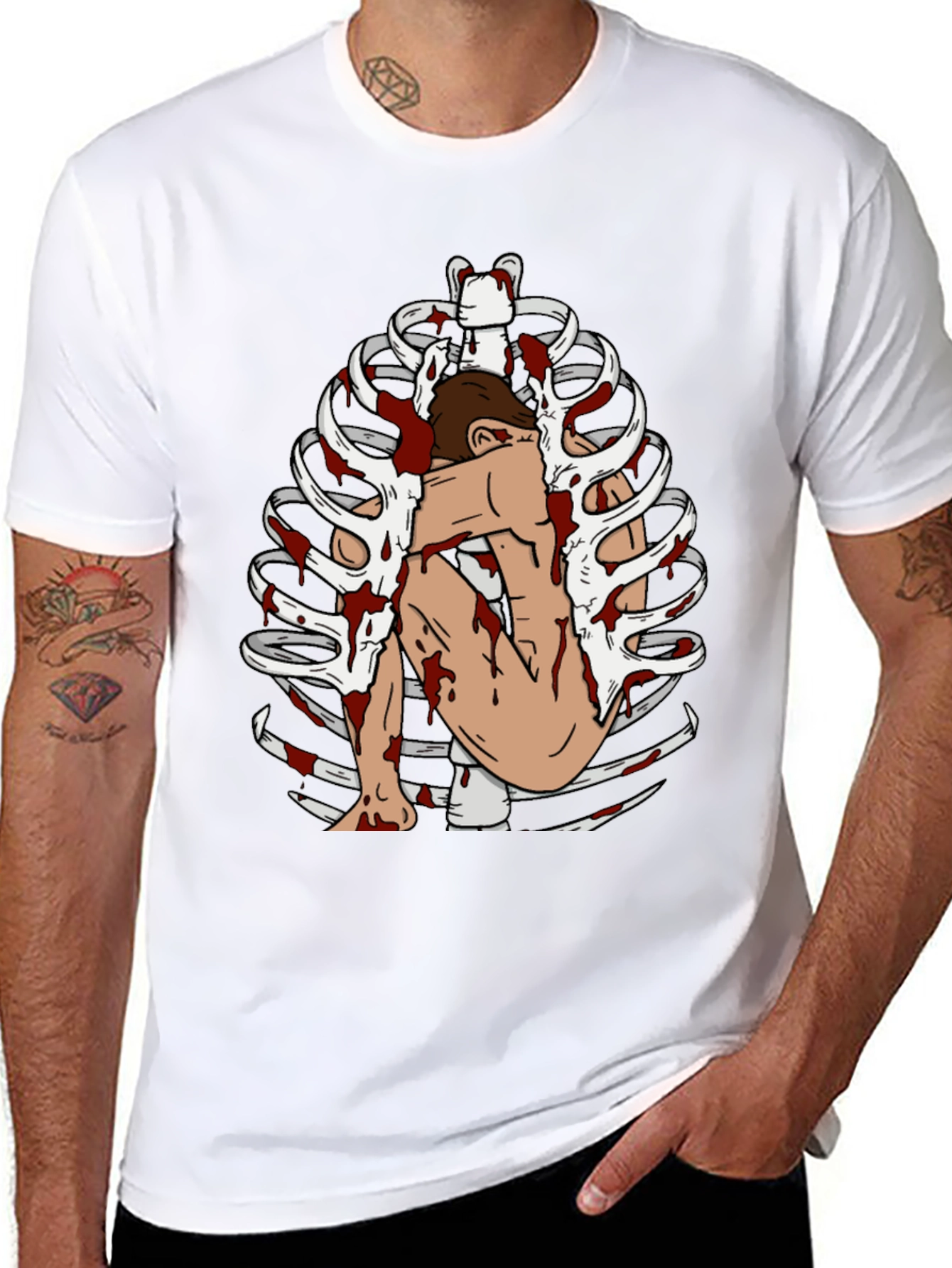 Bloody Rib Cage Graphic Tee - Edgy Unique Design