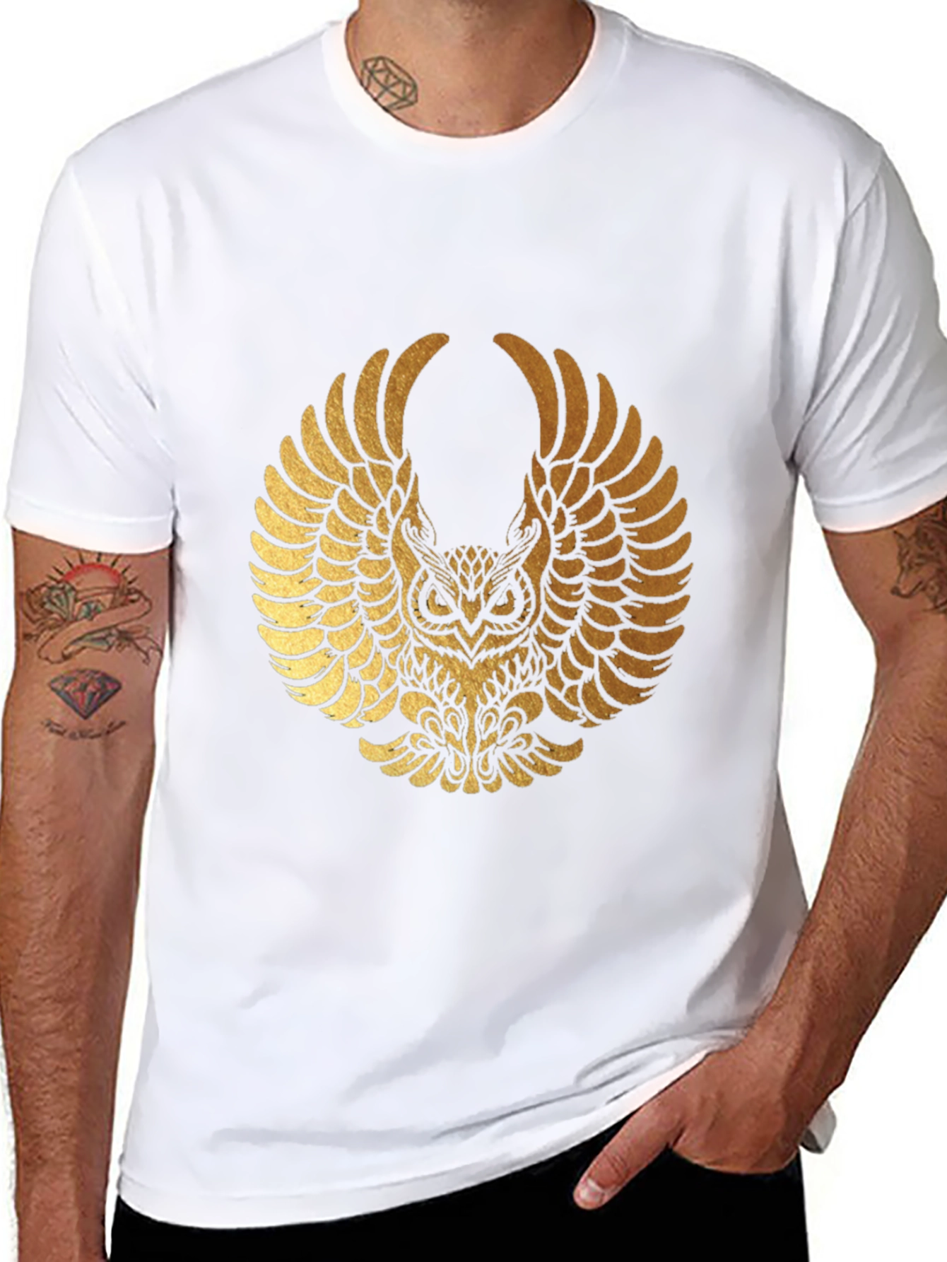 Mens Black T-shirt with Gold Owl Graphic