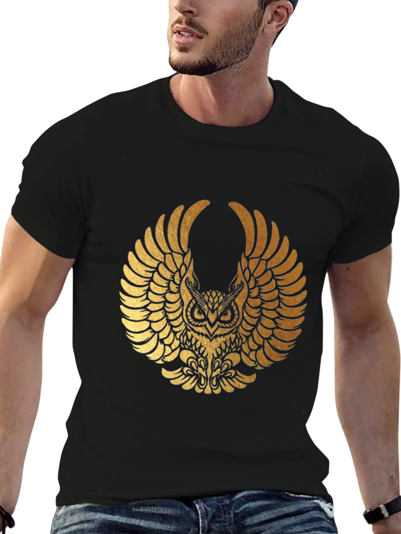 Mens Black T-shirt with Gold Owl Graphic