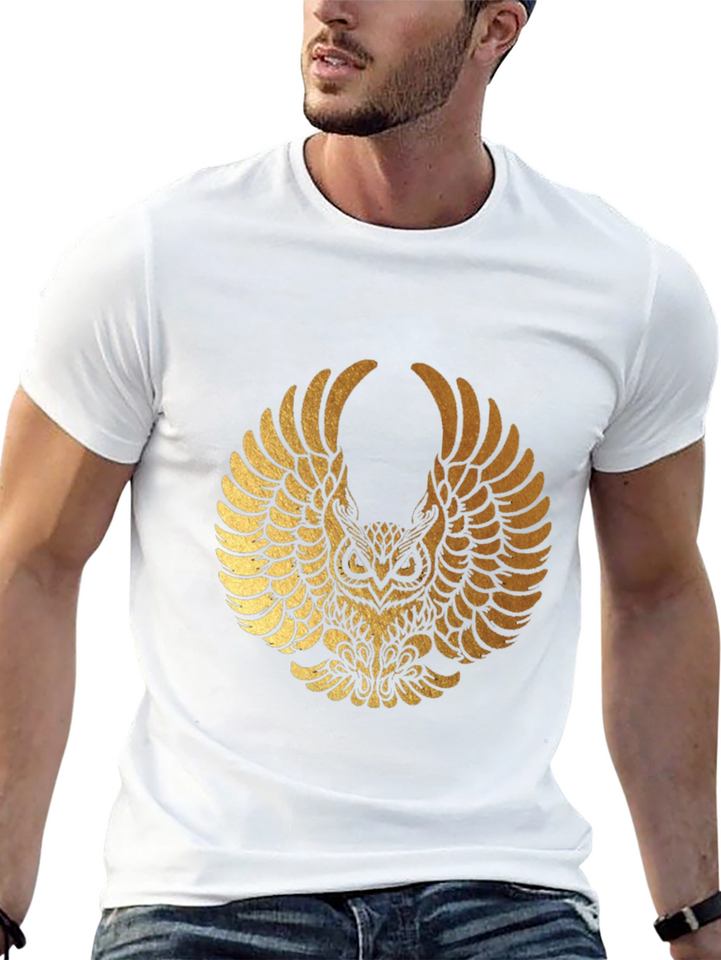 Mens Black T-shirt with Gold Owl Graphic