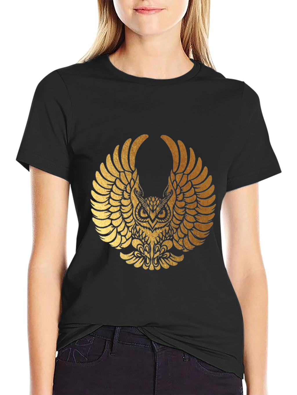 Mens Black T-shirt with Gold Owl Graphic