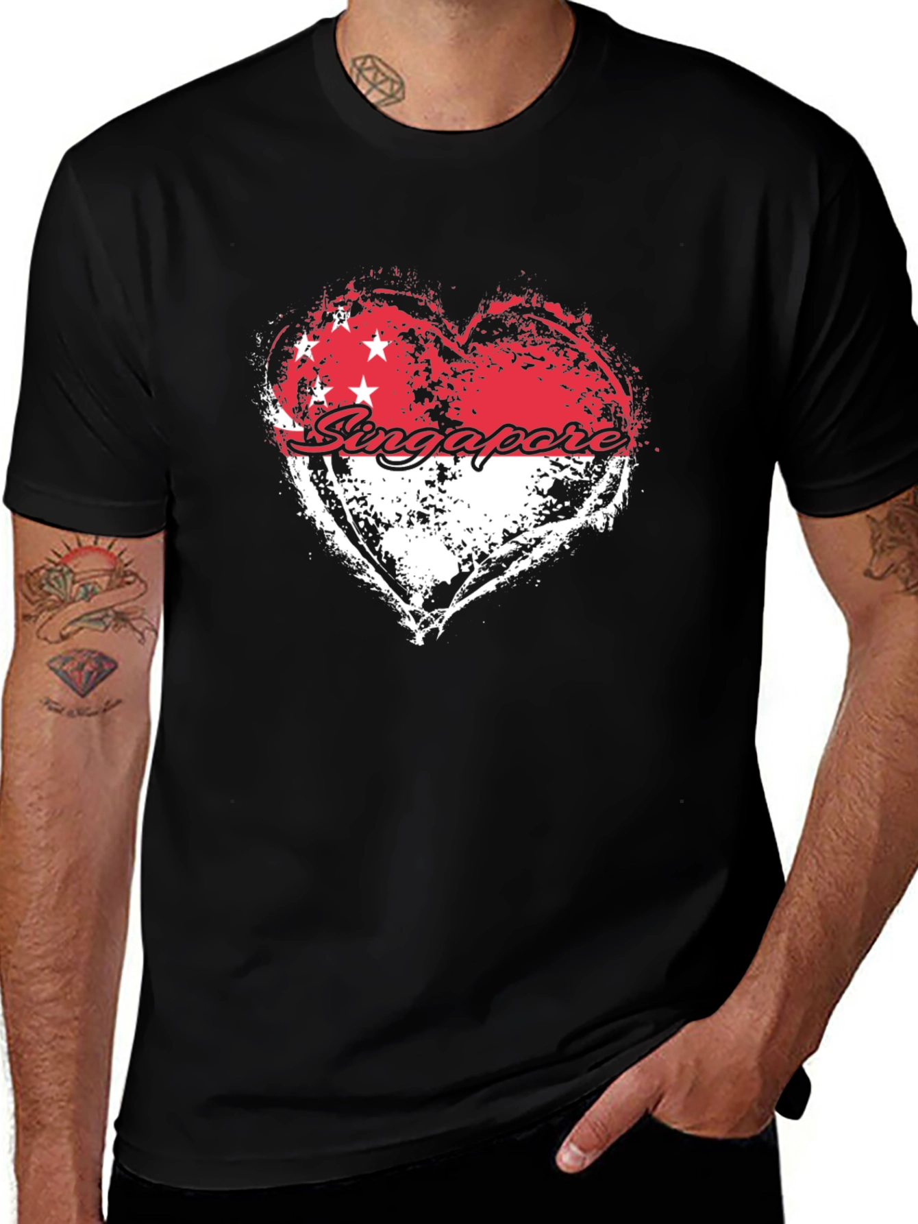 Singapore Flag Heart Graphic Black T-Shirt