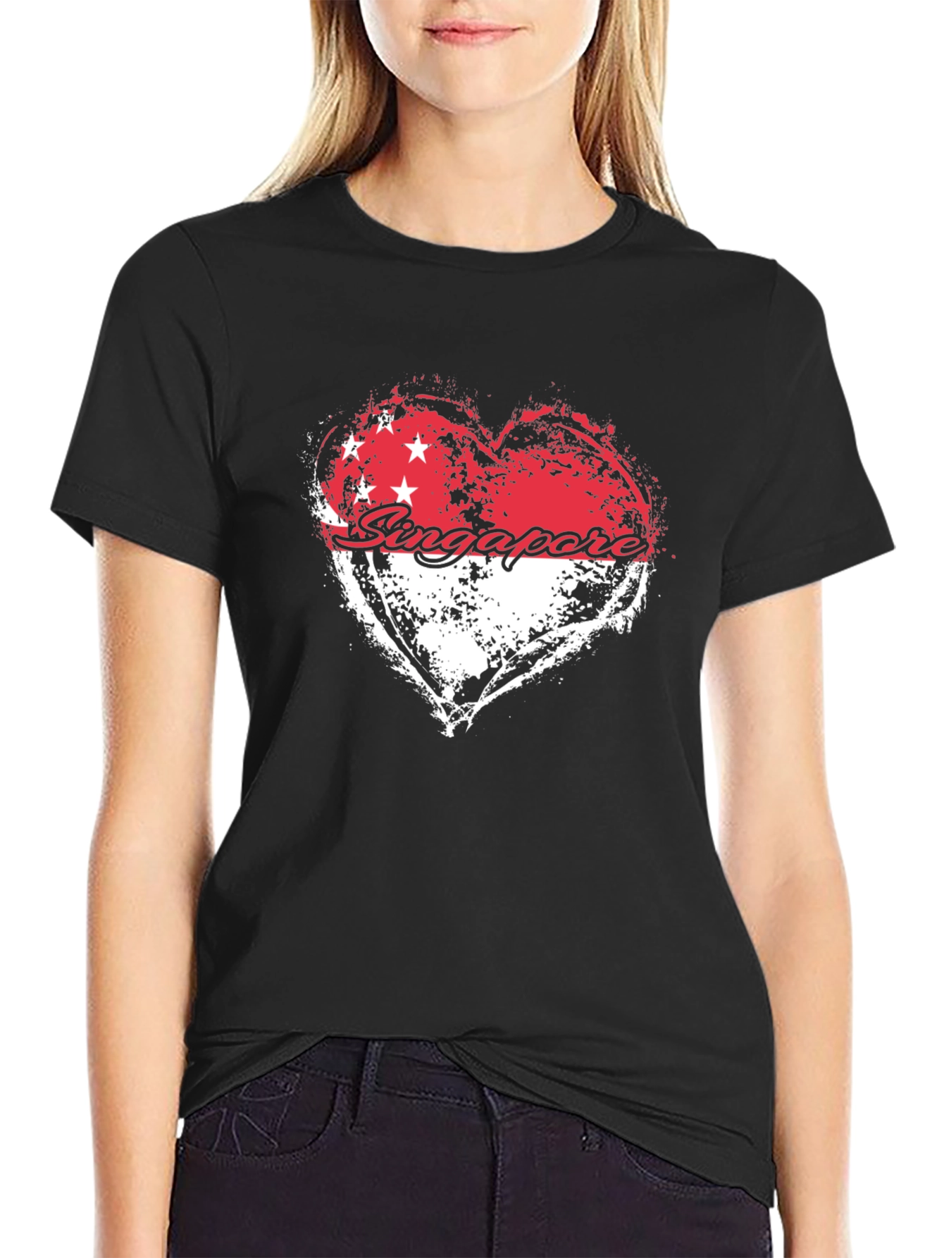 Singapore Flag Heart Graphic Black T-Shirt