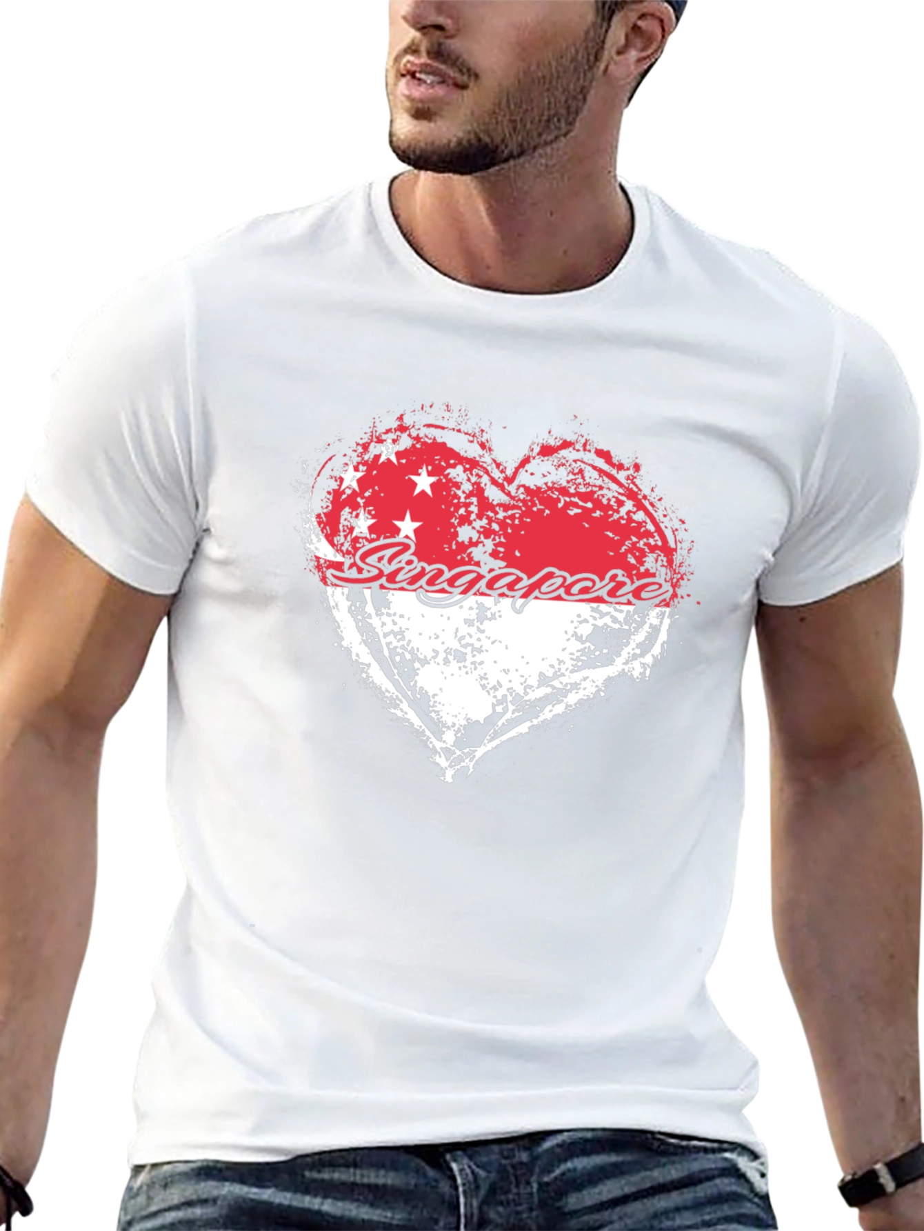 Singapore Flag Heart Graphic Black T-Shirt