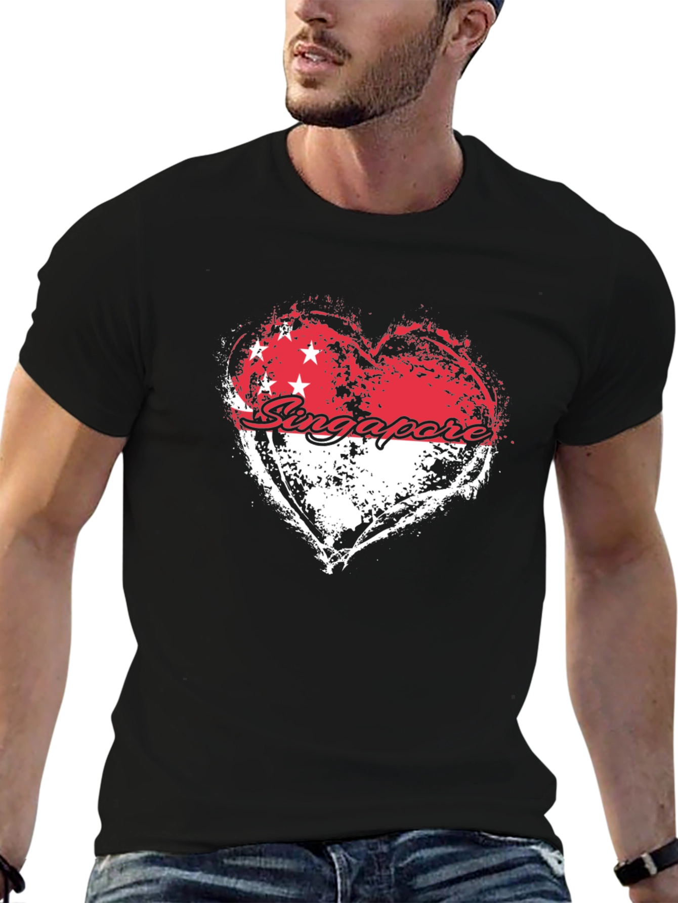 Singapore Flag Heart Graphic Black T-Shirt