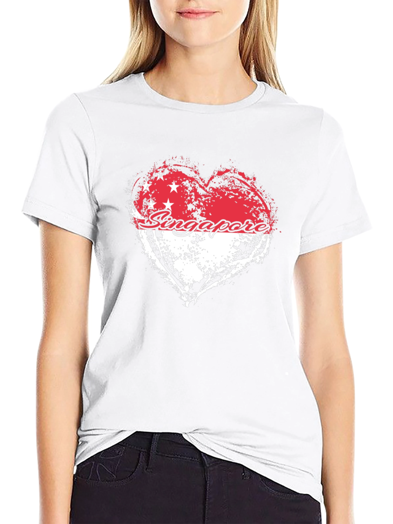 Singapore Flag Heart Graphic Black T-Shirt