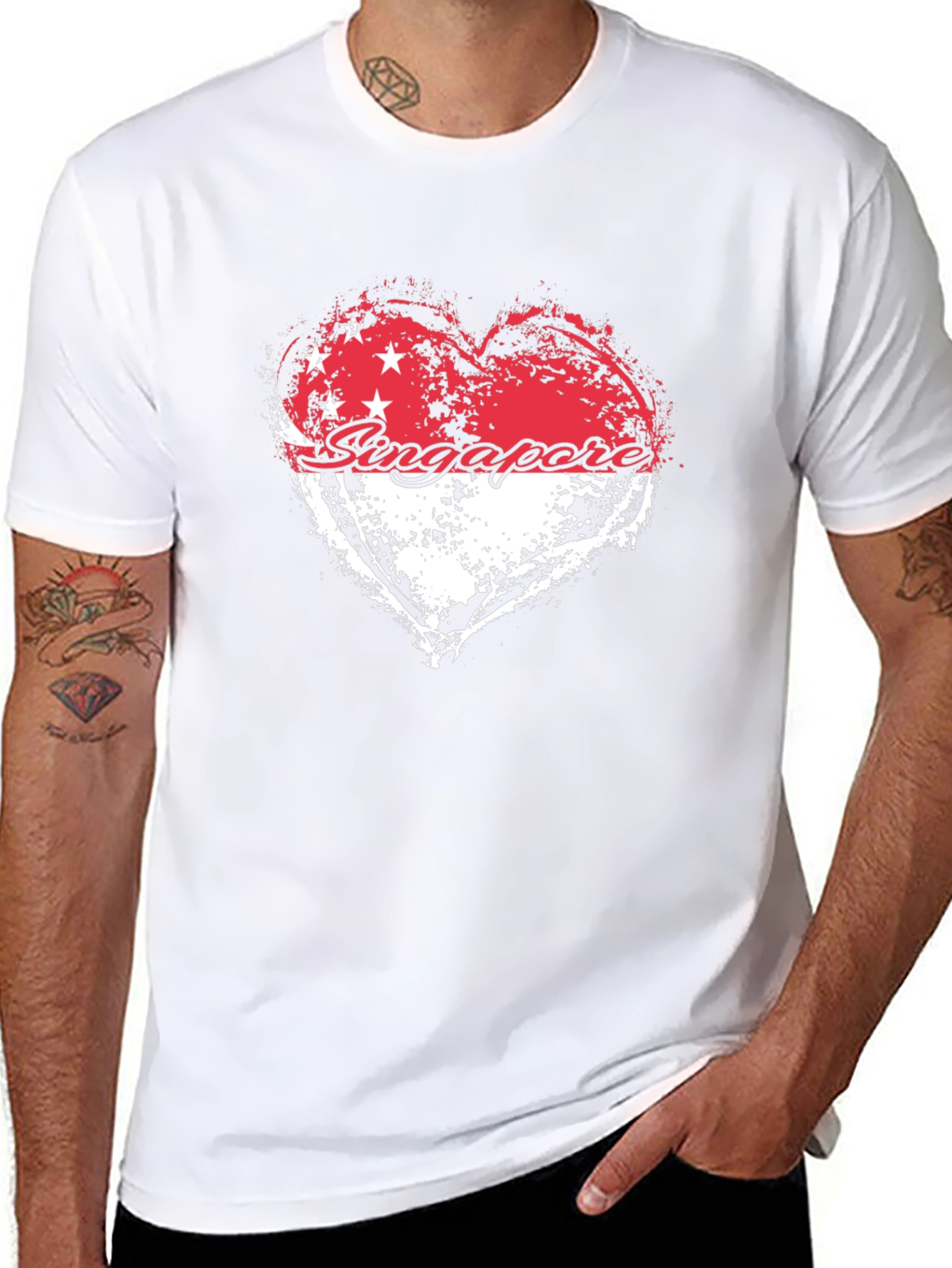 Singapore Flag Heart Graphic Black T-Shirt