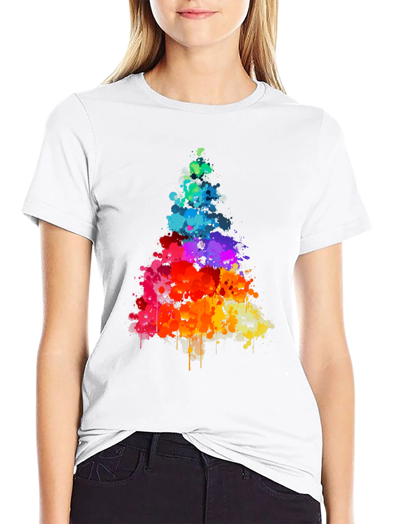Rainbow Splatter Tree Graphic Tee - Black Cotton Shirt