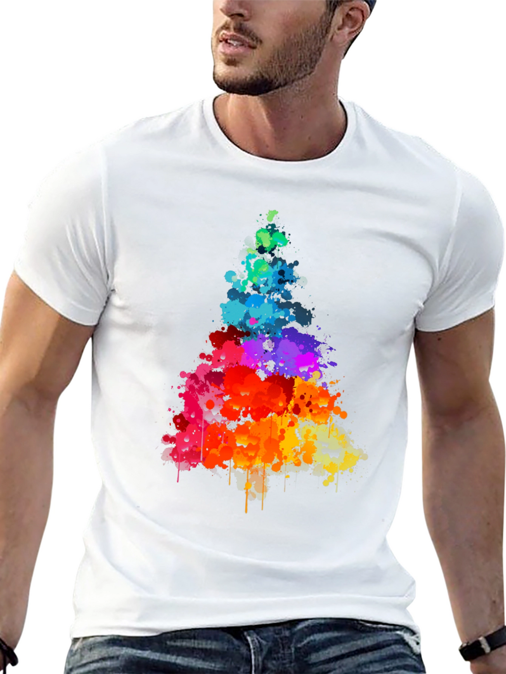 Rainbow Splatter Tree Graphic Tee - Black Cotton Shirt