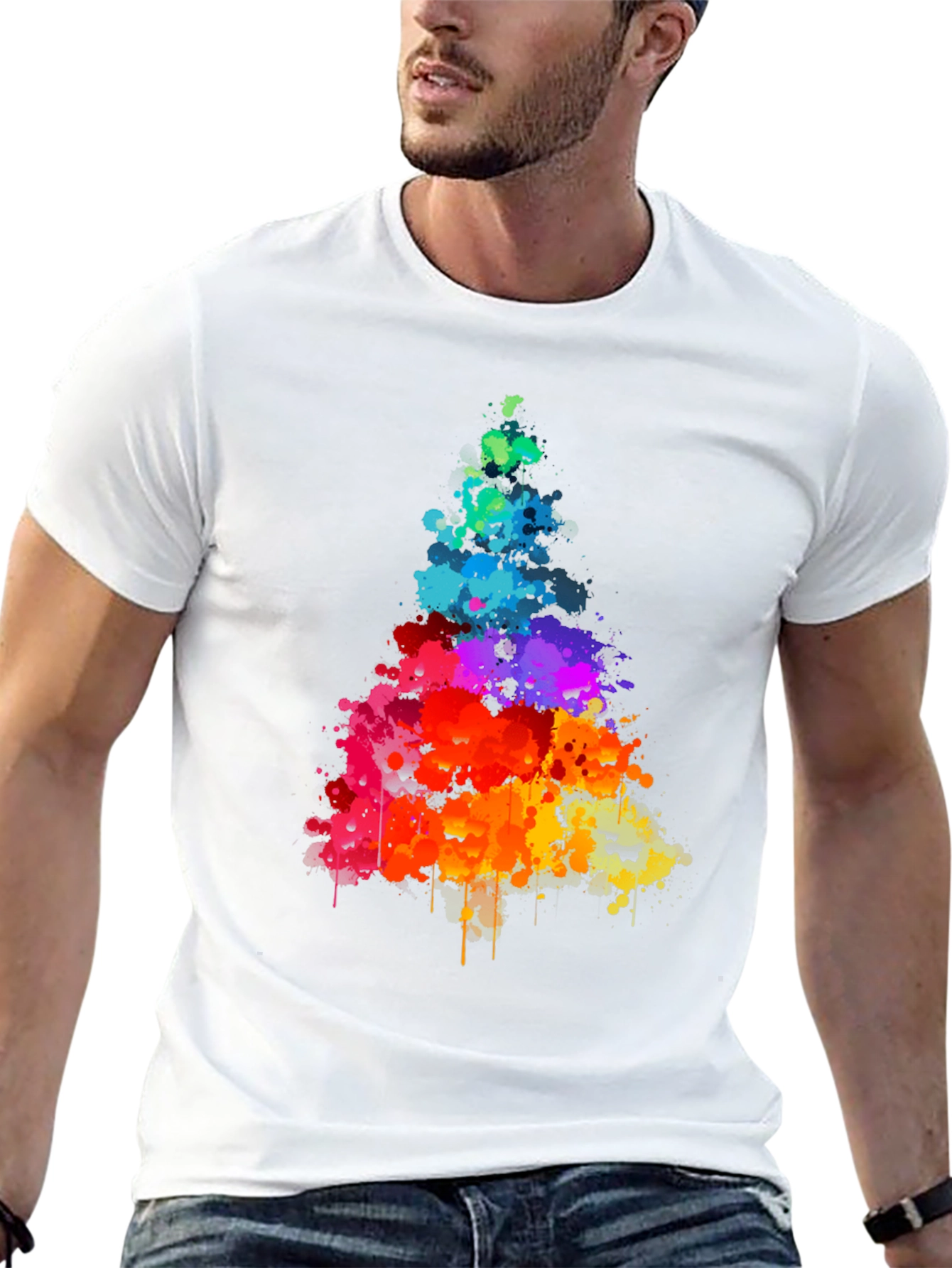 Rainbow Splatter Tree Graphic Tee - Black Cotton Shirt