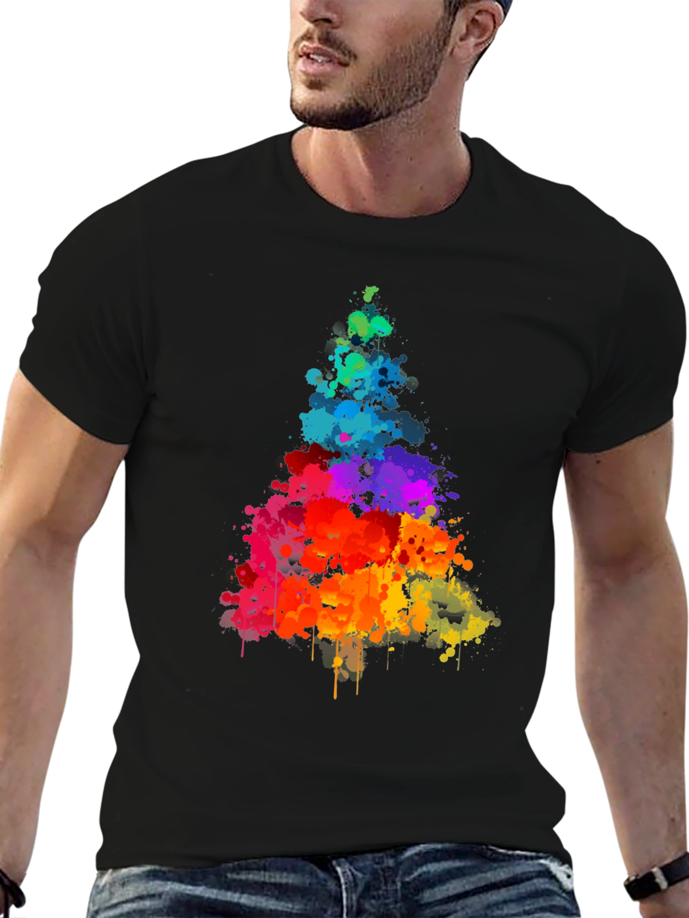 Rainbow Splatter Tree Graphic Tee - Black Cotton Shirt