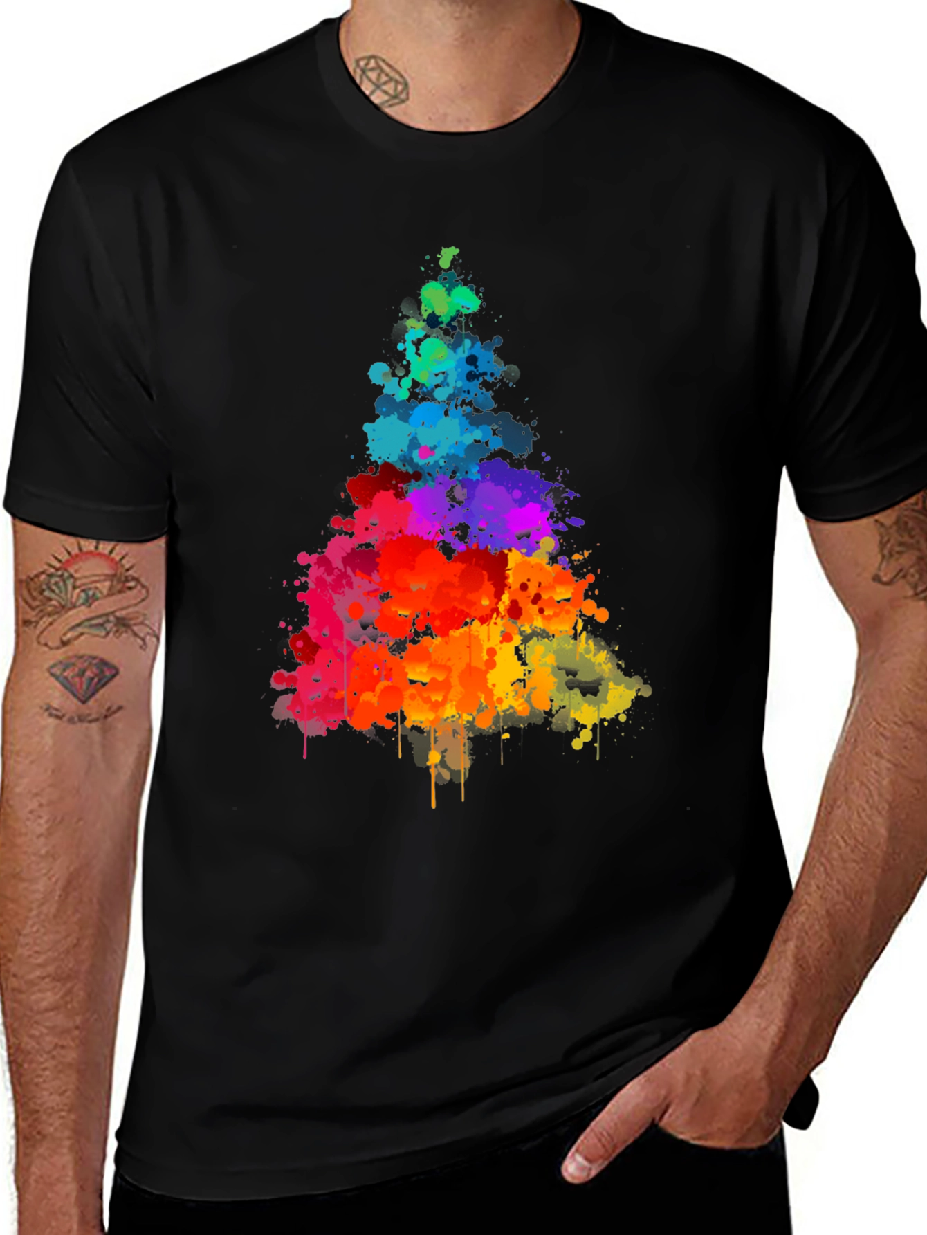Rainbow Splatter Tree Graphic Tee - Black Cotton Shirt