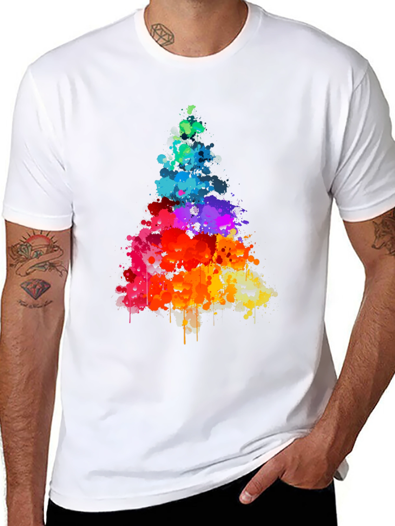 Rainbow Splatter Tree Graphic Tee - Black Cotton Shirt