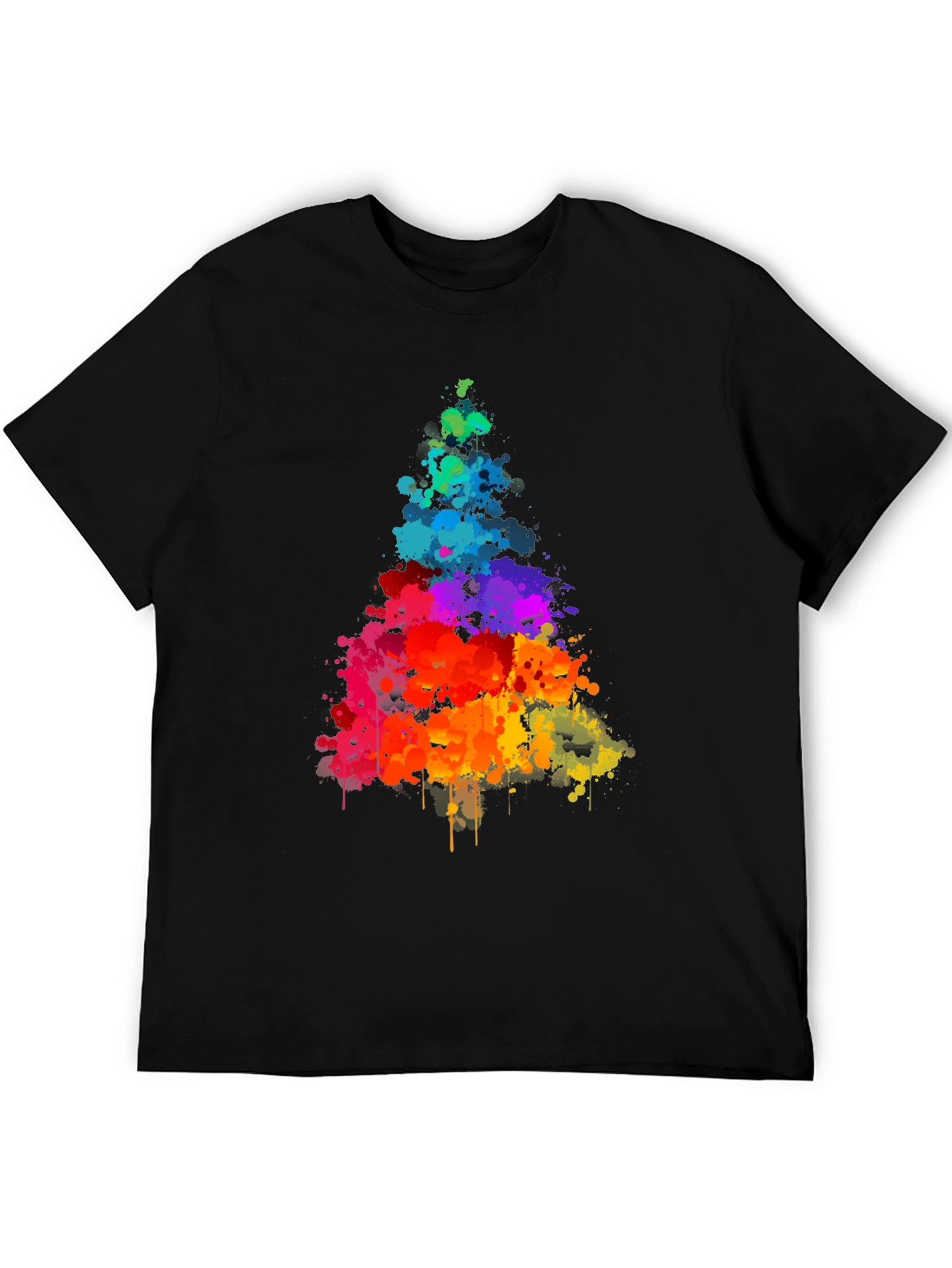 Rainbow Splatter Tree Graphic Tee - Black Cotton Shirt