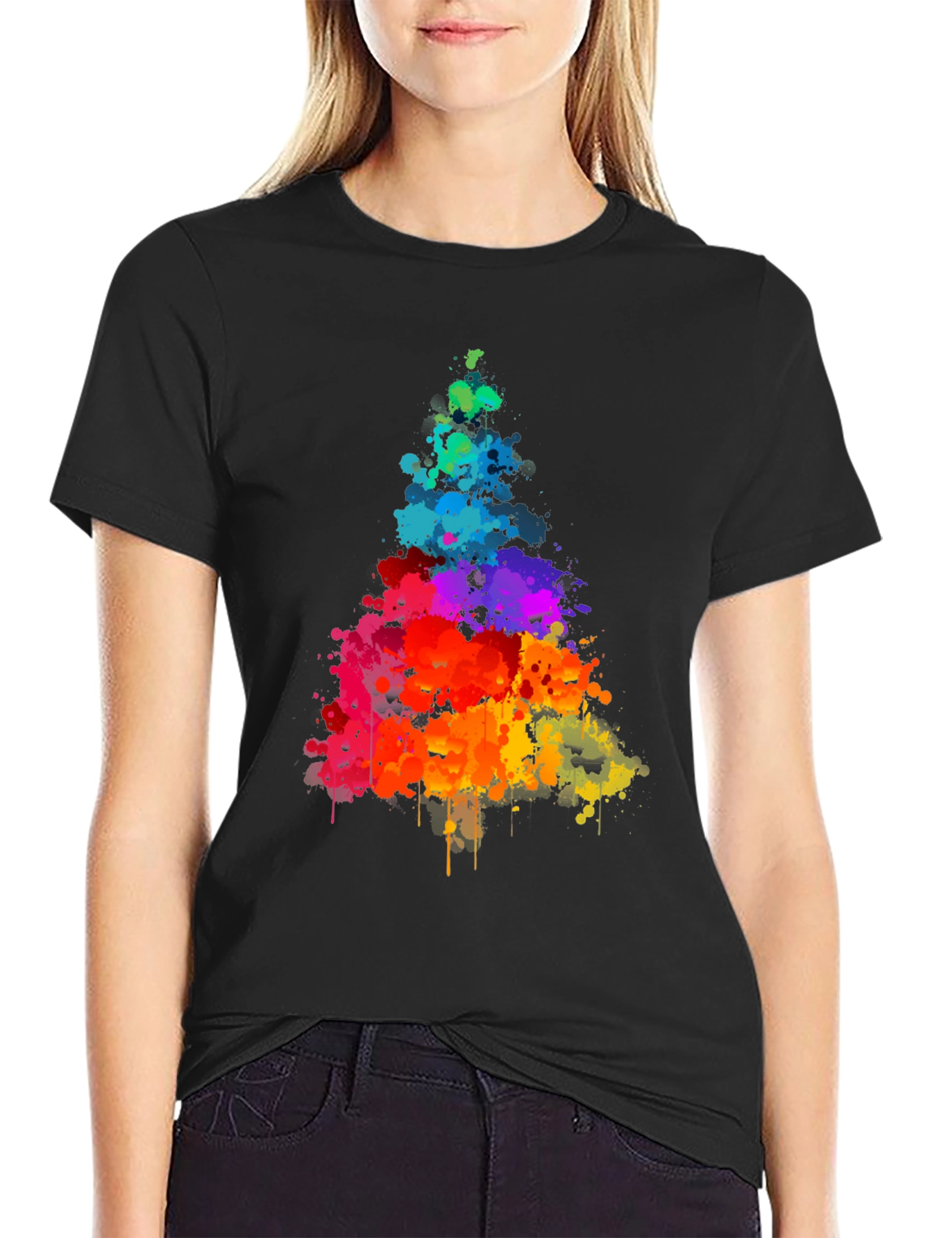 Rainbow Splatter Tree Graphic Tee - Black Cotton Shirt