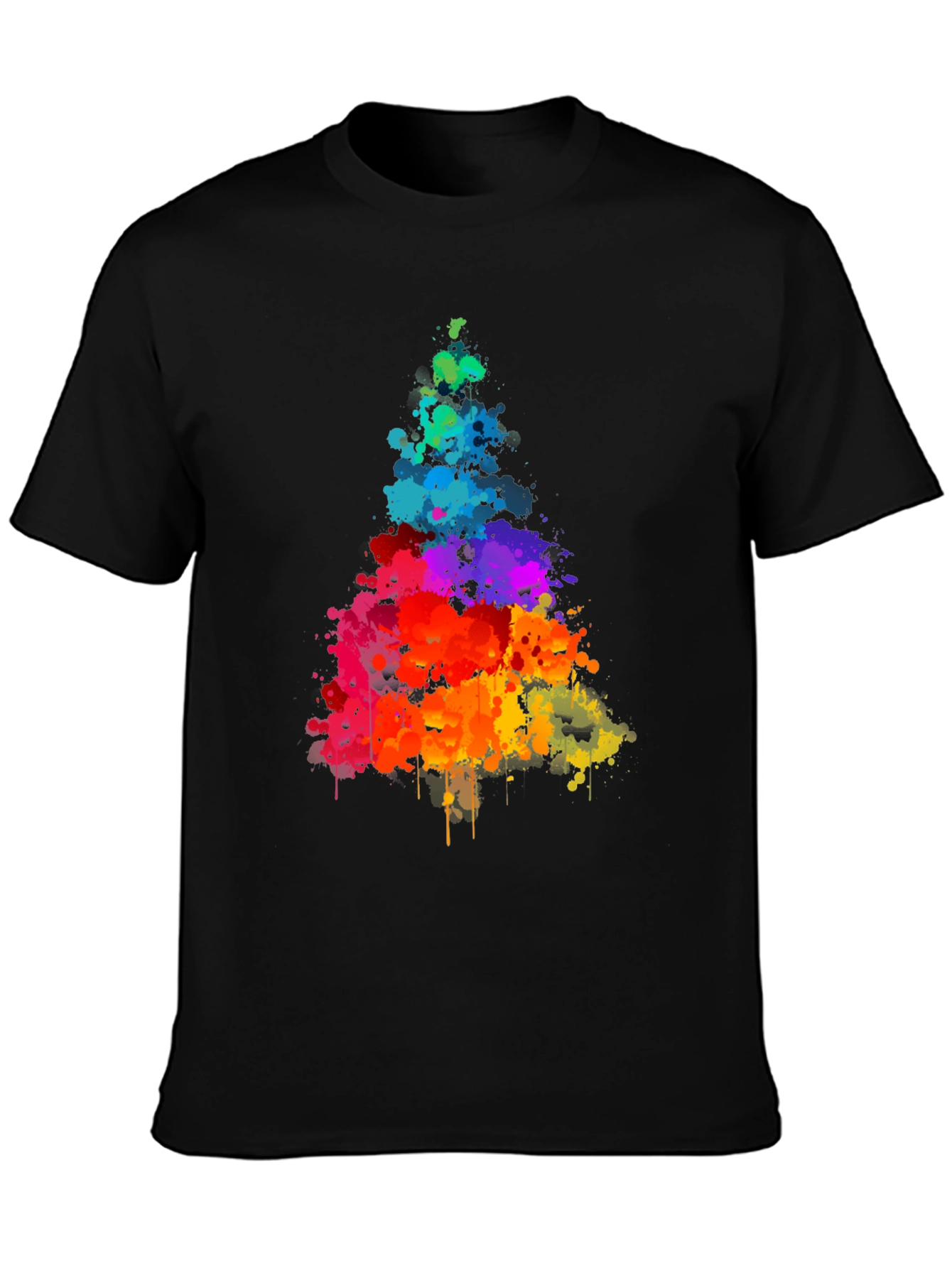 Rainbow Splatter Tree Graphic Tee - Black Cotton Shirt