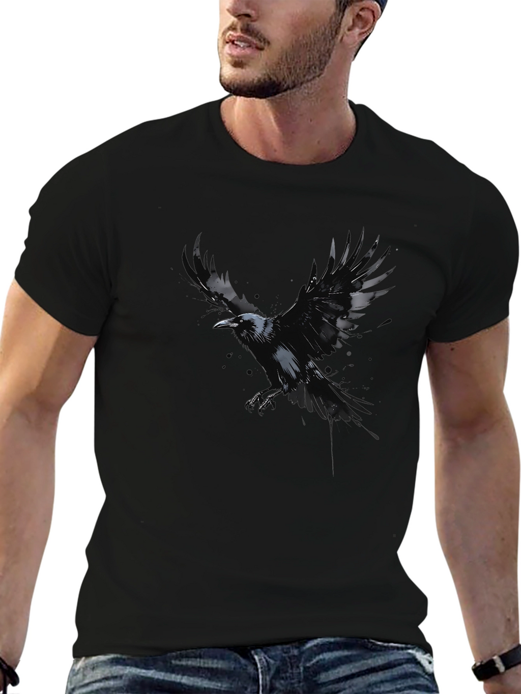 Raven Graphic Black T-Shirt - Mens Crew Neck