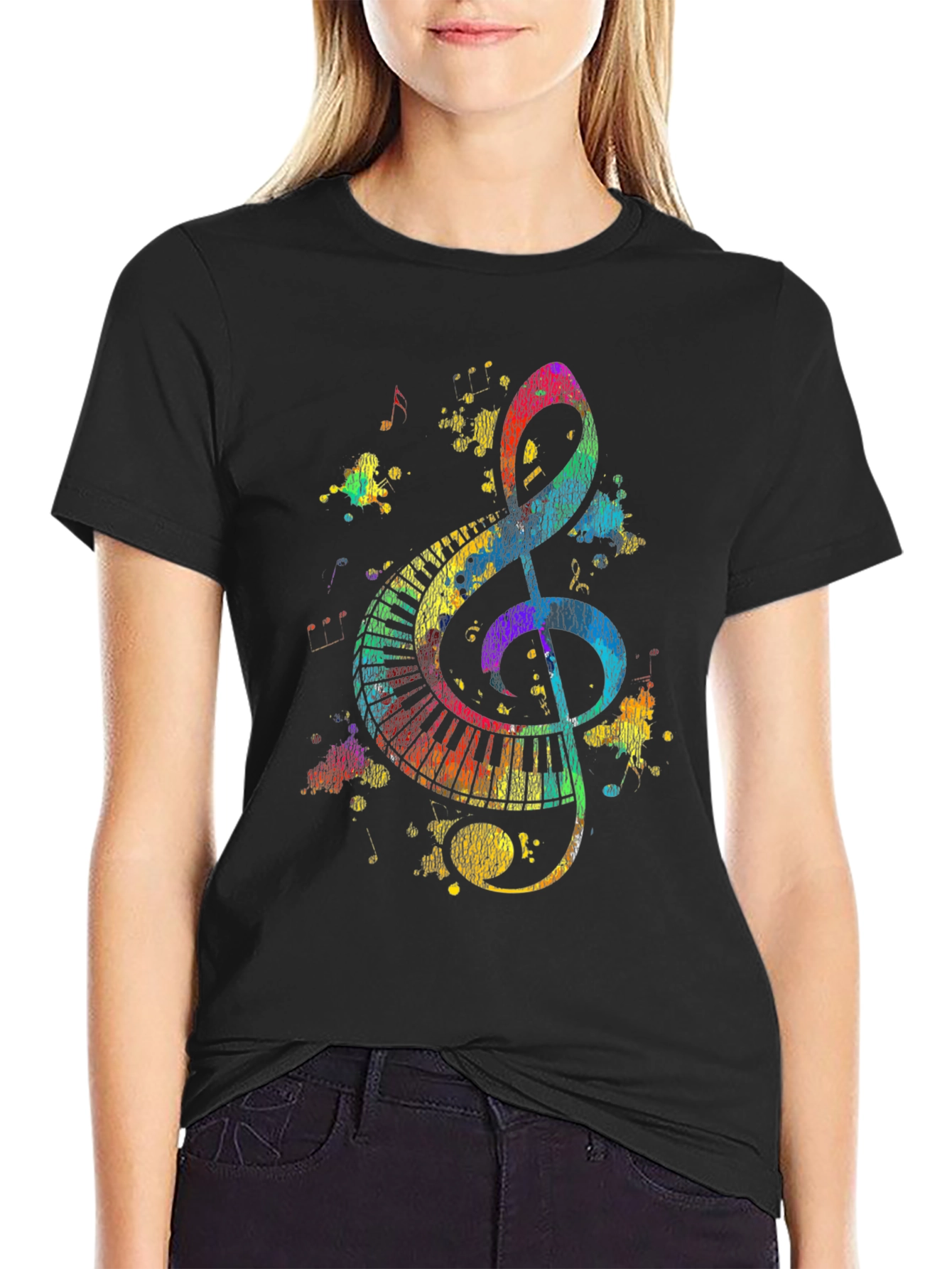 Colorful Music Notes Graphic Print Black T-Shirt