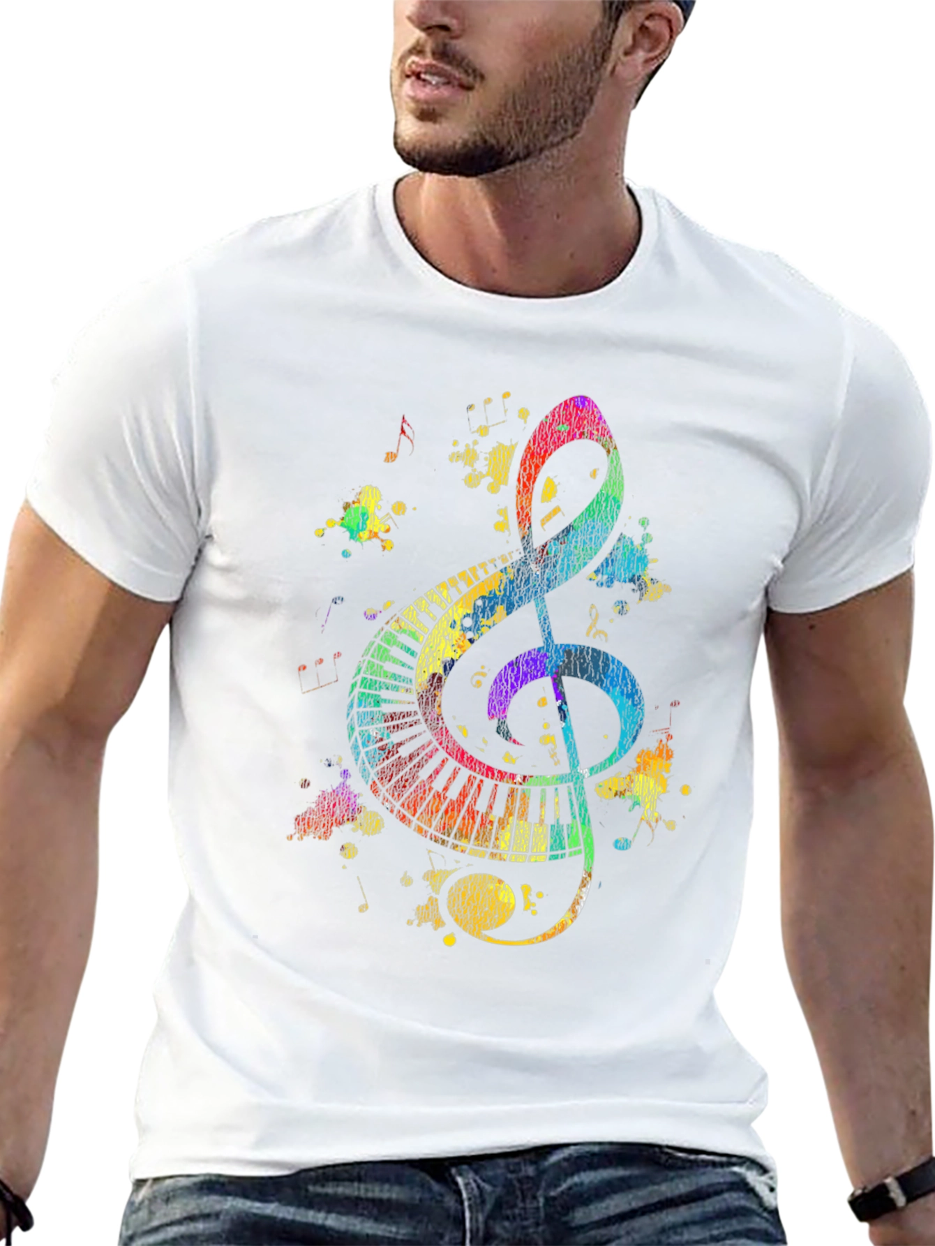 Colorful Music Notes Graphic Print Black T-Shirt