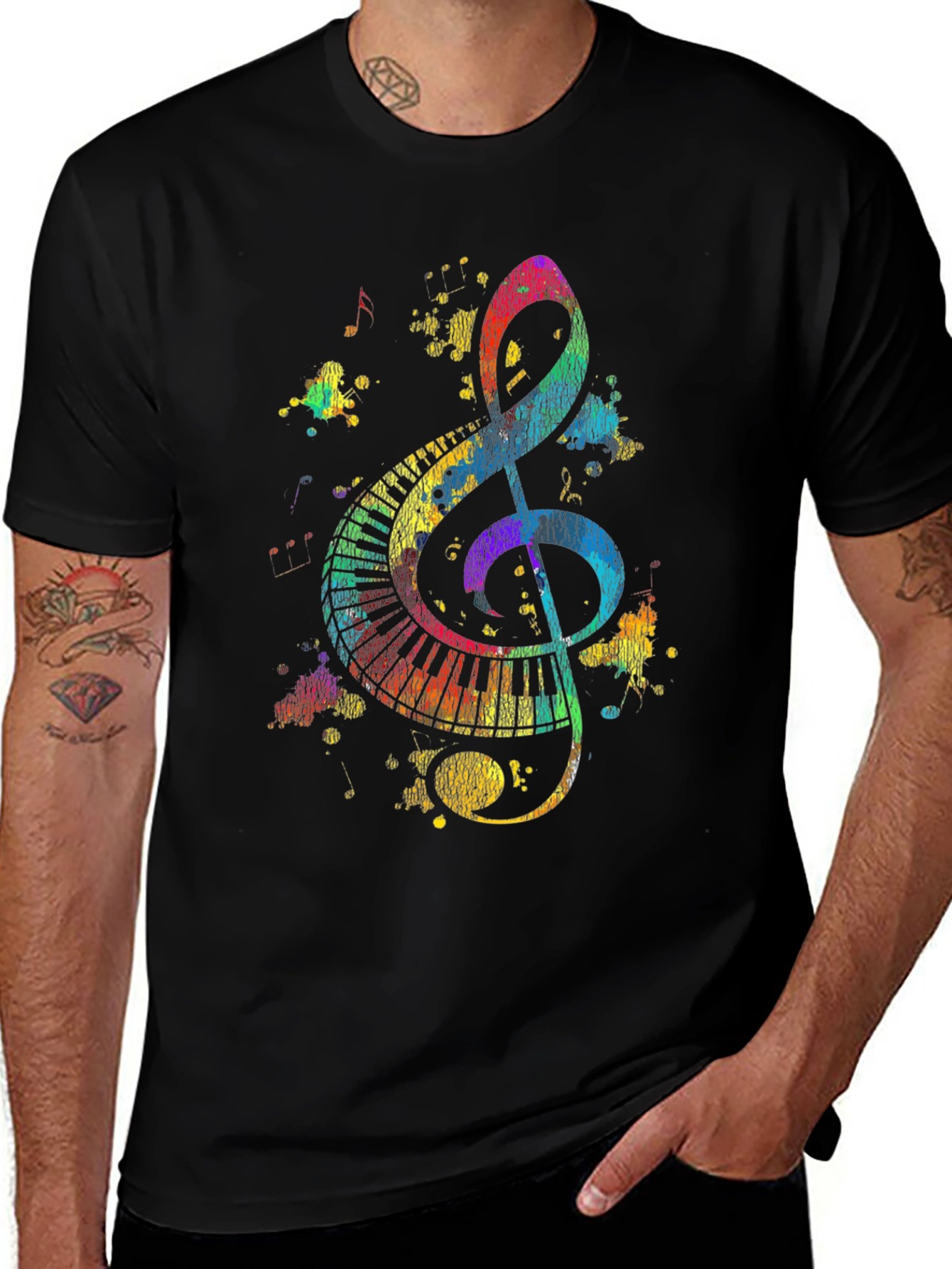 Colorful Music Notes Graphic Print Black T-Shirt
