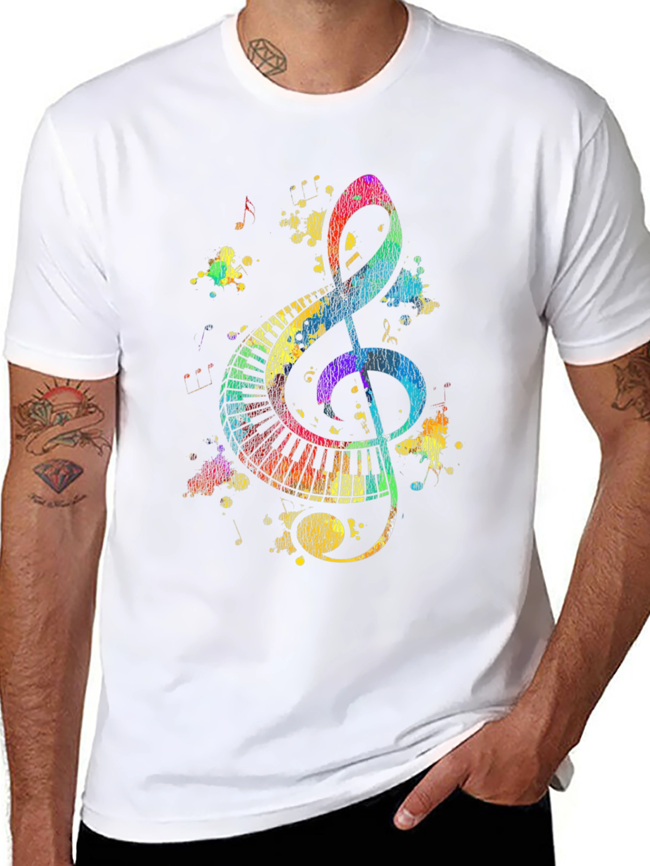 Colorful Music Notes Graphic Print Black T-Shirt
