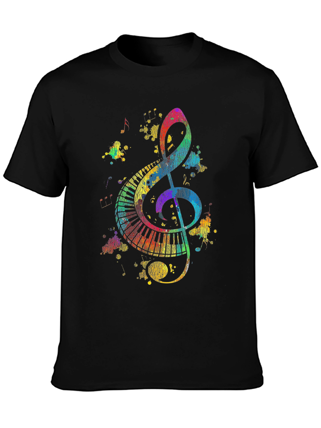 Colorful Music Notes Graphic Print Black T-Shirt