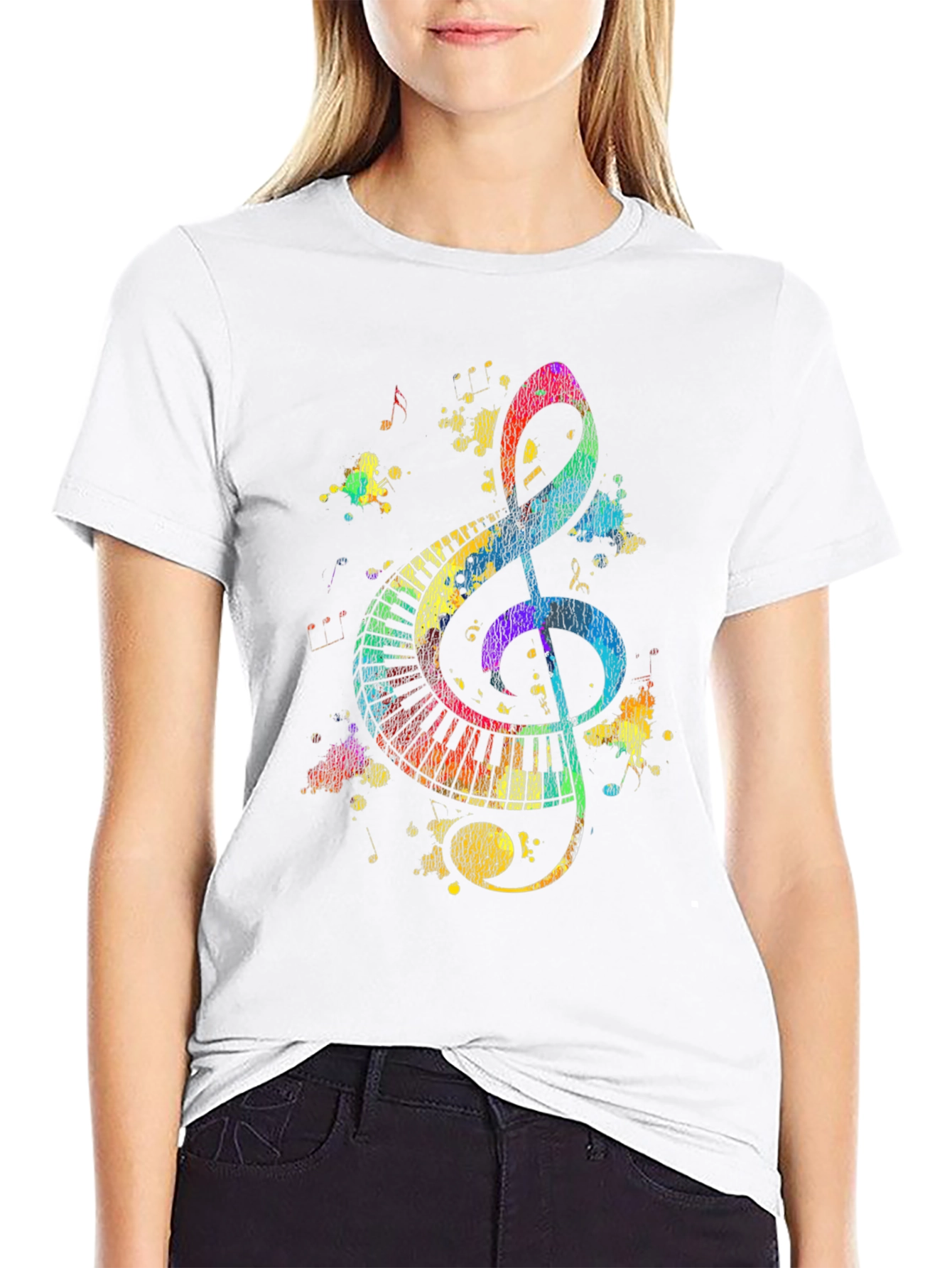Colorful Music Notes Graphic Print Black T-Shirt