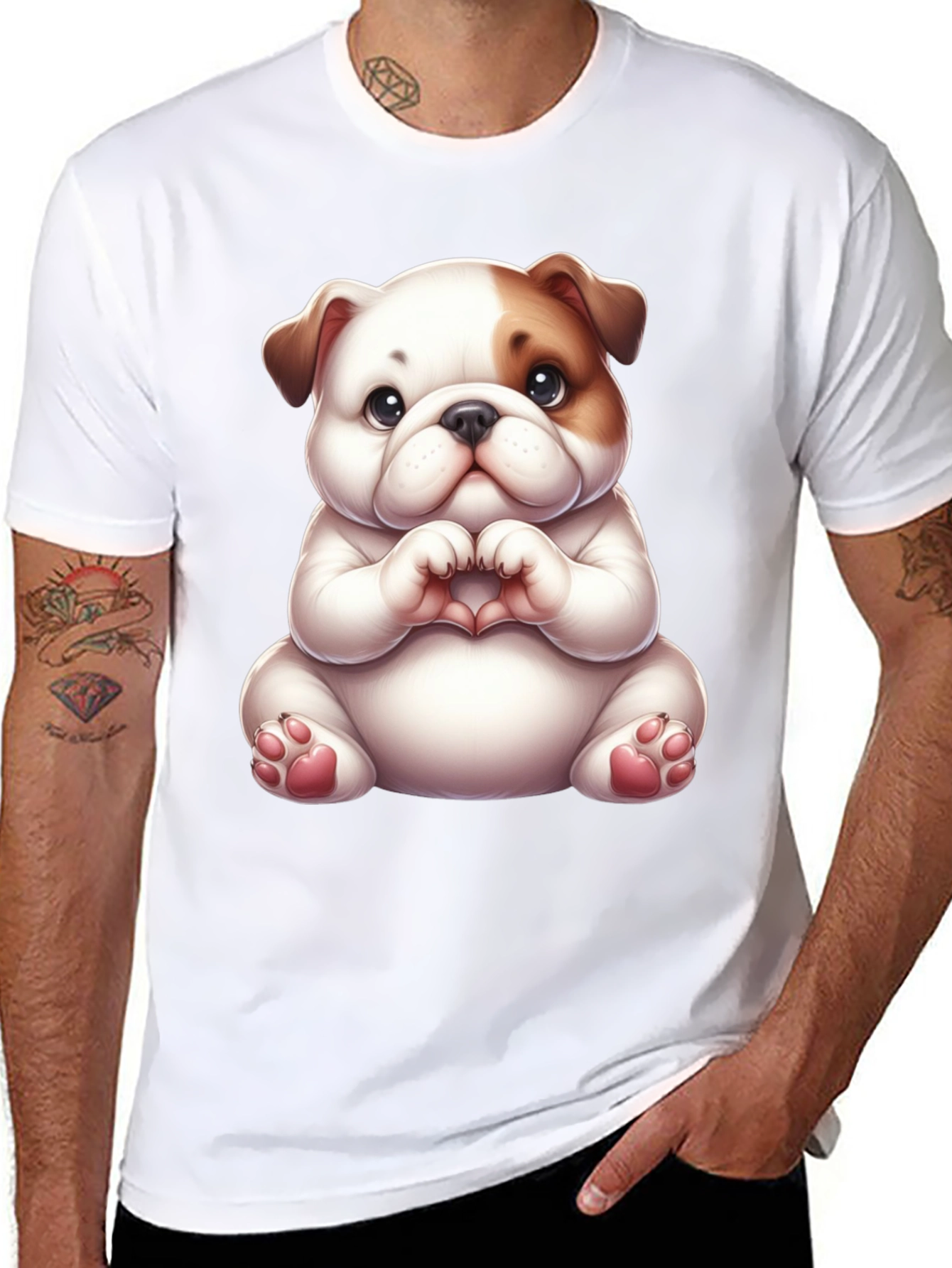 Cute Bulldog Heart Hands Black T-Shirt