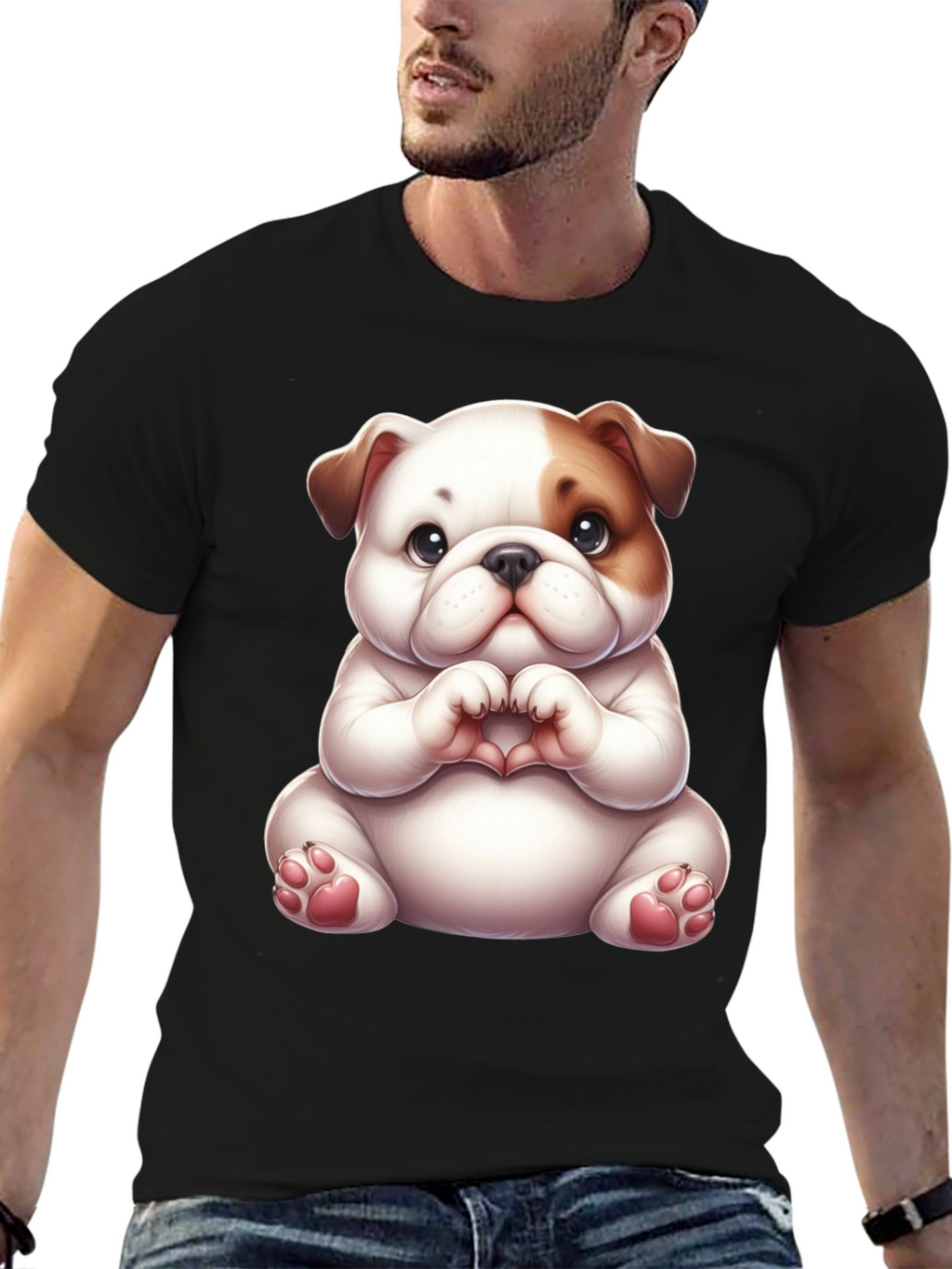 Cute Bulldog Heart Hands Black T-Shirt